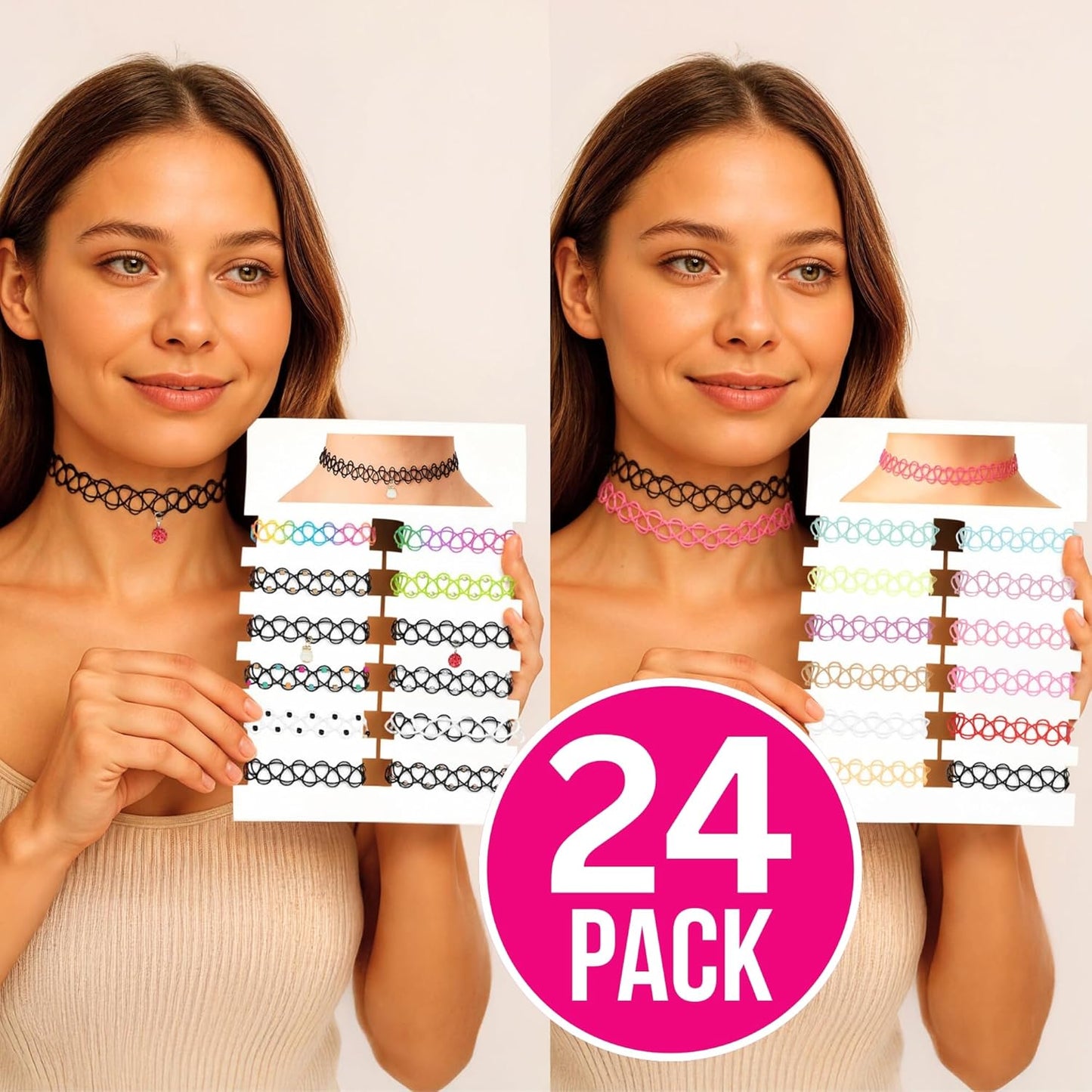 BodyJ4You 24PC Tattoo Choker Necklace - 90s Choker Necklaces Y2K Fashion Trendy Vintage - Daisy Flower Charm Colorful Rainbow Black Goth Pendant - Stretchy Elastic Necklace Summer Gift Set