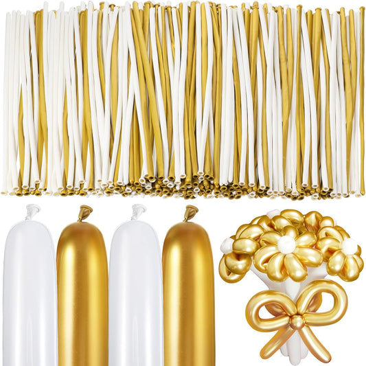 Sratte 200 Pcs Graduation 260 Long Balloons Mixed Colors Thickening Latex Long Twisting Animals Balloons for Arch Garland Birthday Wedding Party Decoration(White Gold)