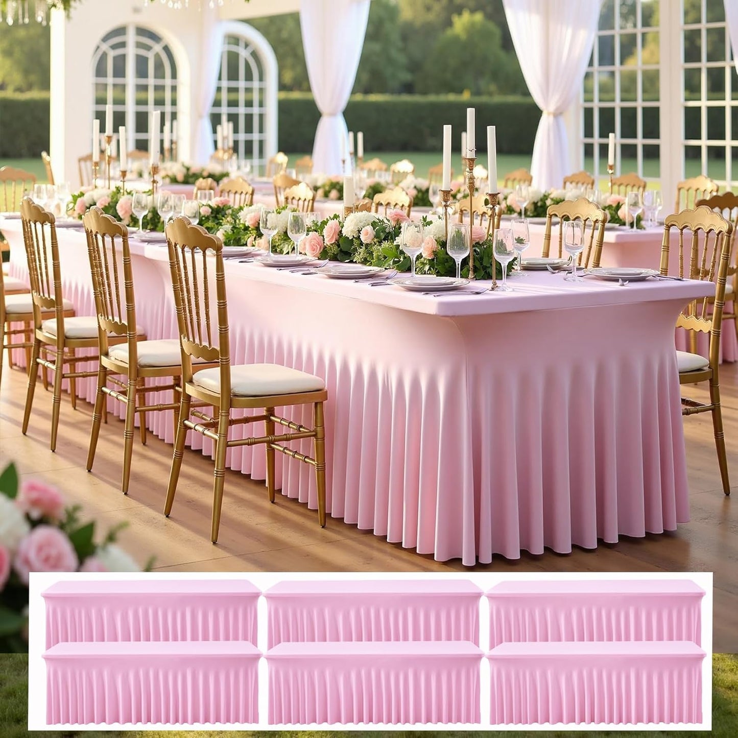6 pk Baby Pink Spandex Tablecloth 8ft With Ruffled Table Skirt, Wrinkle Free Stretchy Fitted Tablecloths for 8 Foot Rectangle Tables, Elastic Spandex Table Covers for Weddings Parties Banquet