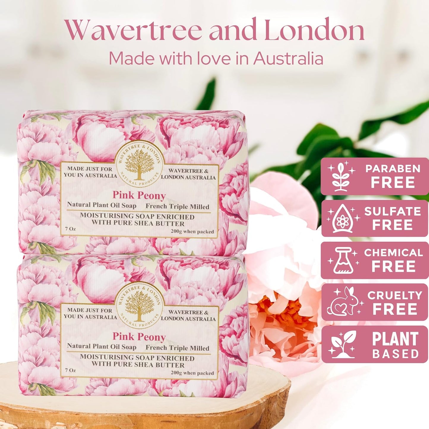 Wavertree & London Pink Peony Scented Natural Soap (2 Bars), 7oz Moisturizing French Triple Milled Soap Bars enriched with shea butter - Pure Plant Based Bath & Body Bars for All Skin Types