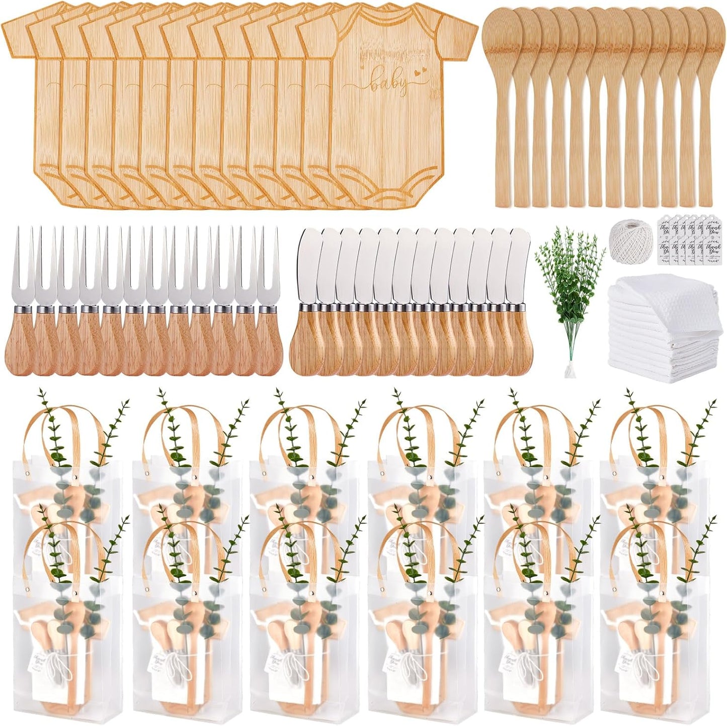 Baby Shower Prizes for Game Winners Bodysuit Shaped Cheese Board Gift with Spoons Butter Spreaders Gift Bags Kitchen Towels Bridal Shower Party Favors for Guests (Bodysuit Shaped, 12 Sets)