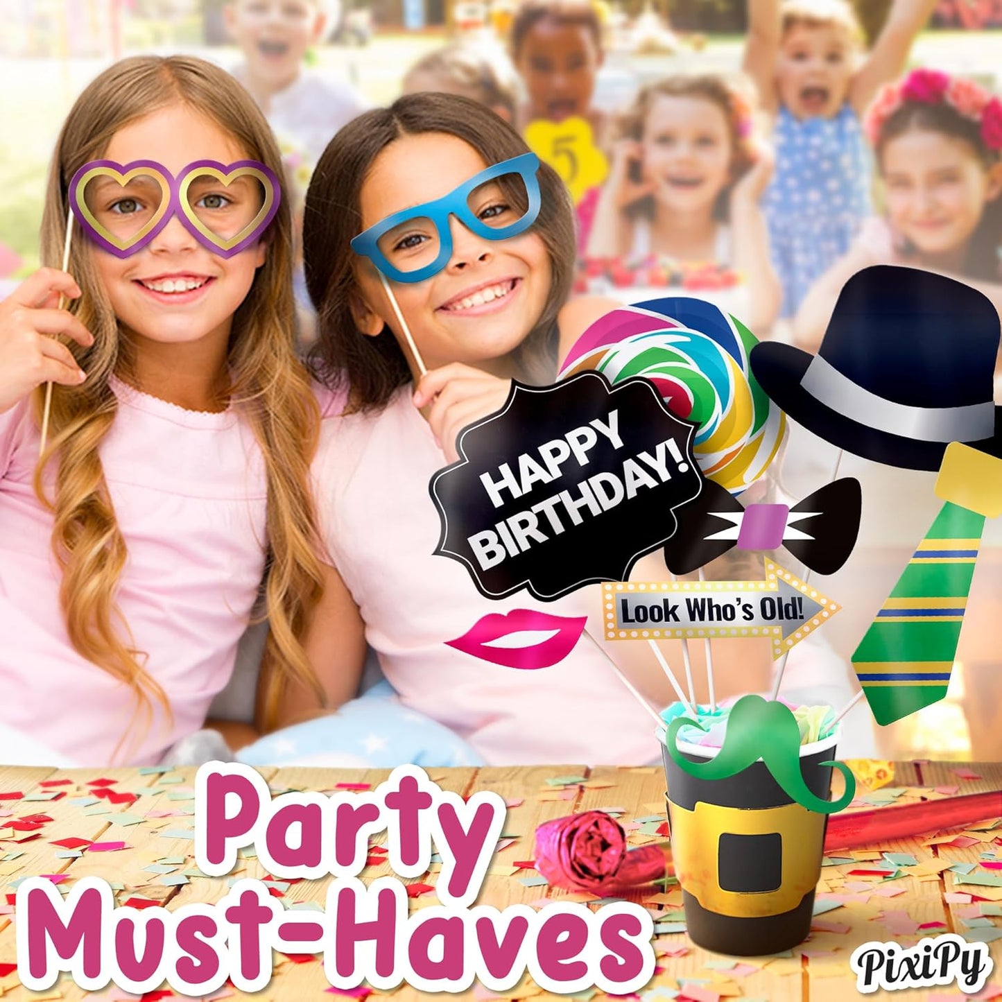 Premium Birthday Photo Booth Props Kit - 54 pc, Multicolored - Happy Birthday Party Fun Photobooth Selfie Accessories - for Adults & Kids - Funny Photoshoot w/Friends - by PixiPy