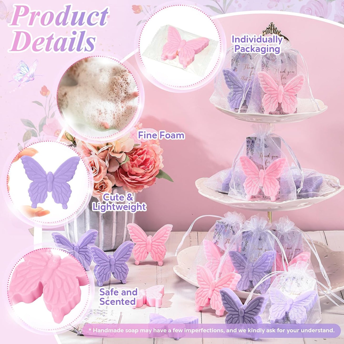 Dunzy 100 Sets Butterfly Theme Baby Shower Favors for Guests Christmas Butterfly Soap Favors with Thanks You Cards Gender Reveal Baptism Party Decorations Wedding Bridal Souvenirs (Purple,Pink)