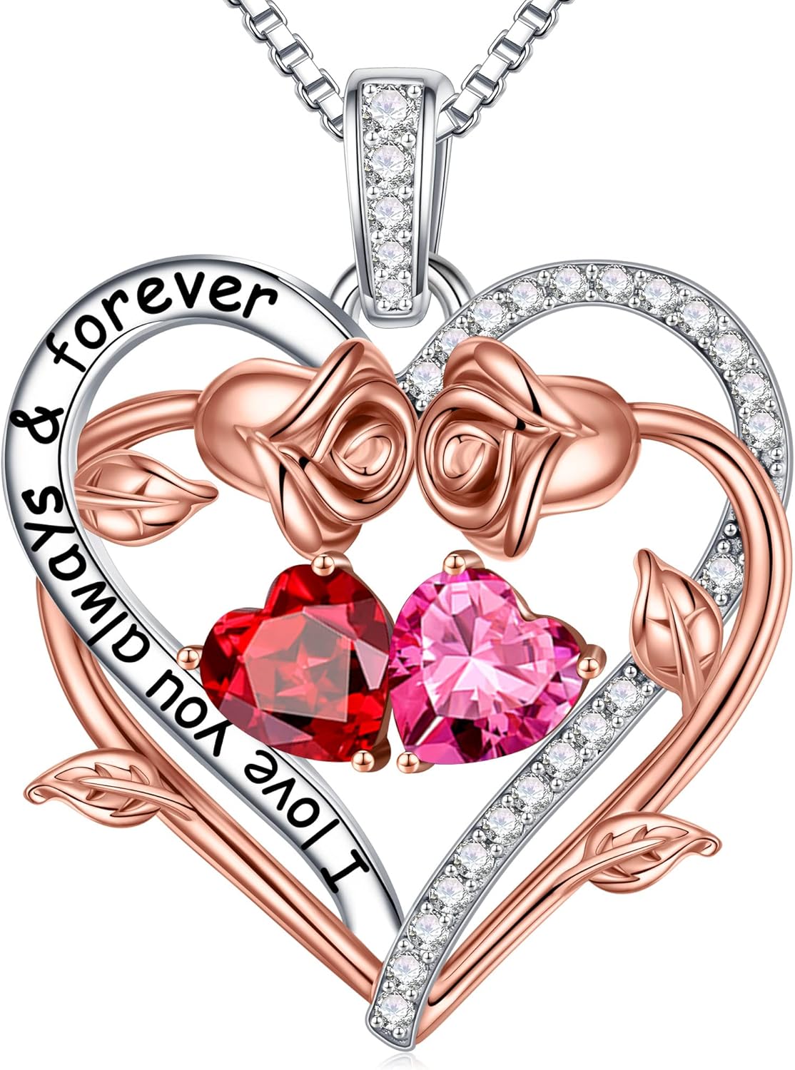 Iefil Rose Heart Double Birthstone Necklace Gifts for Wife Her Mom Women, Birthstone Jewelry Gemstone Birthday Gifts for Girlfriend Grandma Her Wife Women