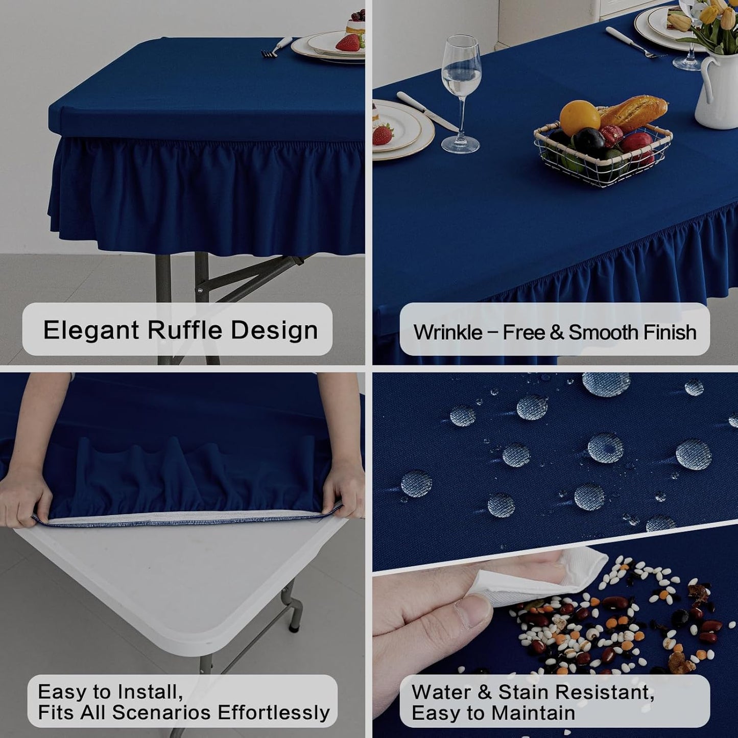 8ft Navy Blue Stretch Tablecloth for Rectangular Tables - Flared Wrap Design, Waterproof, Wrinkle-Resistant, Washable - Ideal for Weddings, Parties, Banquets & Table Protection