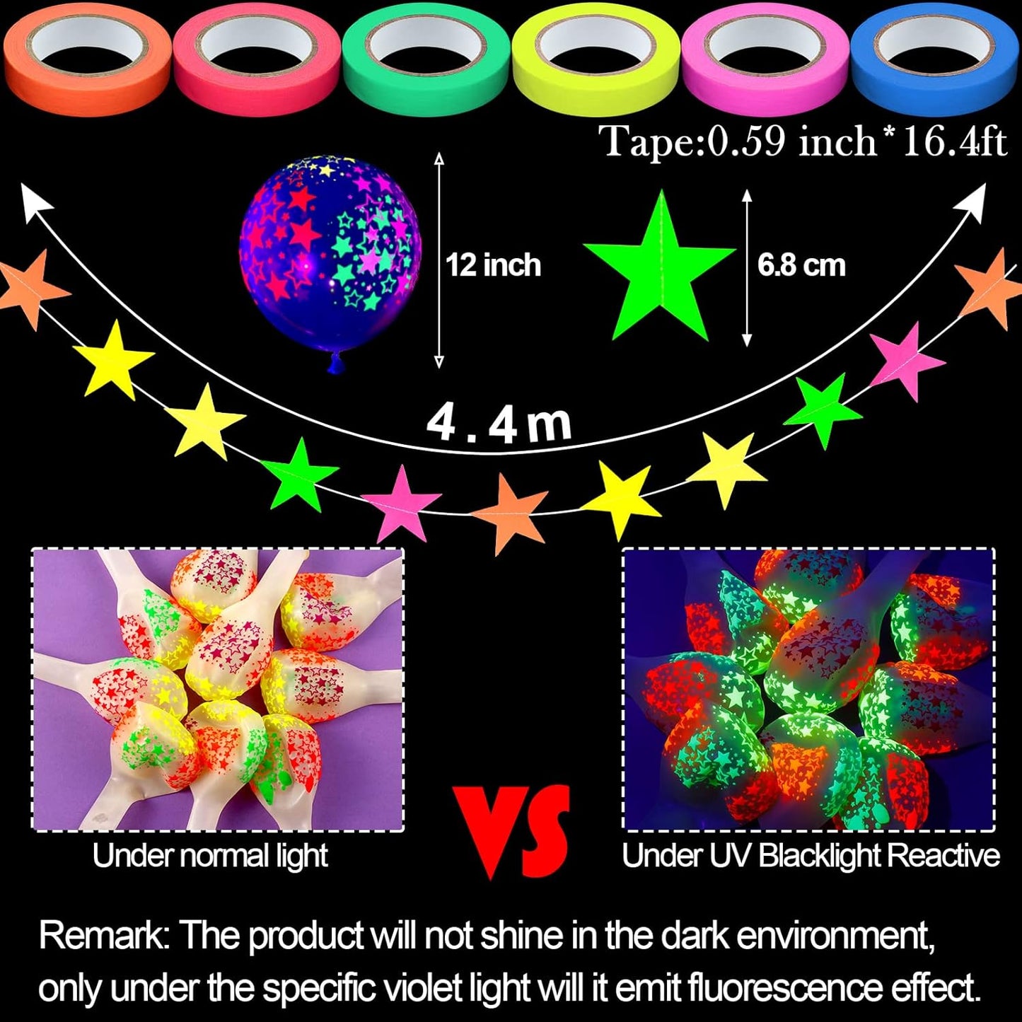 32 Pcs Glow in The Dark Party Supplies Christmas Neon Party Favors with 25 Fluorescent Balloon 6 Rolls 98.4 ft UV Blacklight Luminous Tape 14.4 ft Neon Streamer Garland for Adults(Clear Star)