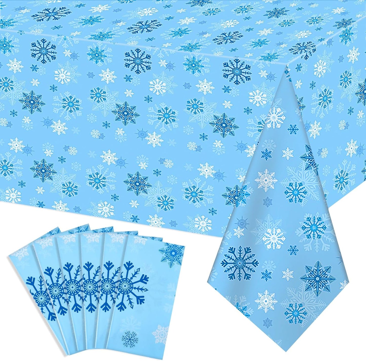 6 Pack Christmas Snowflake Plastic Tablecloth, 54 x 108Inch Blue and White Snowflake Table Cloth Disposable Waterproof Winter Snowflakes Table Cover for Winter Holiday New Year Party Supplies Decor