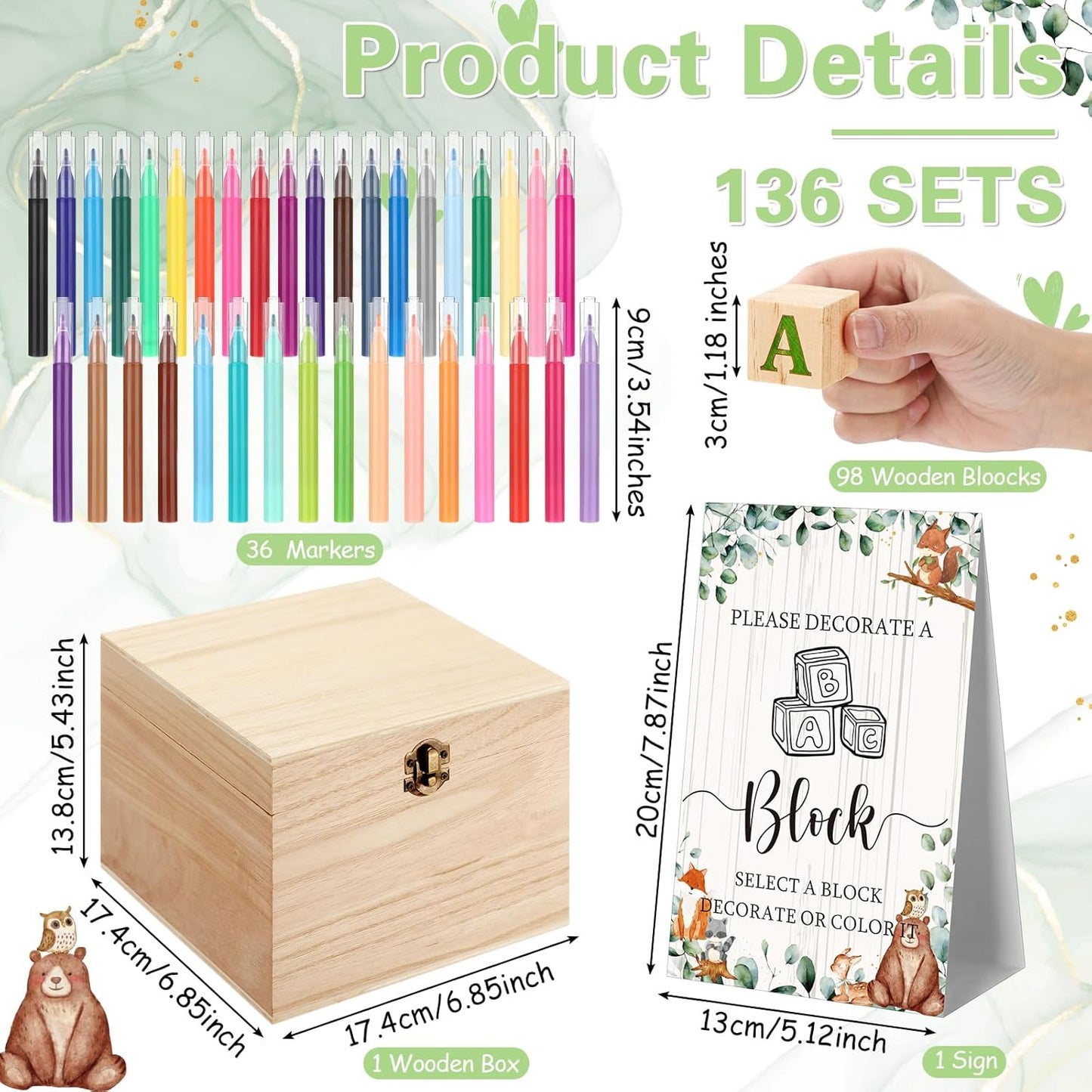 Marsui 136 Pcs Baby Shower Blocks to Decorate Game Kit Includes 98 Wooden Blocks, 36 Markers, 1 Game Sign, 1 Storage Box for Baby Shower Gender Reveal Activity Party Decorations(Land Animal)