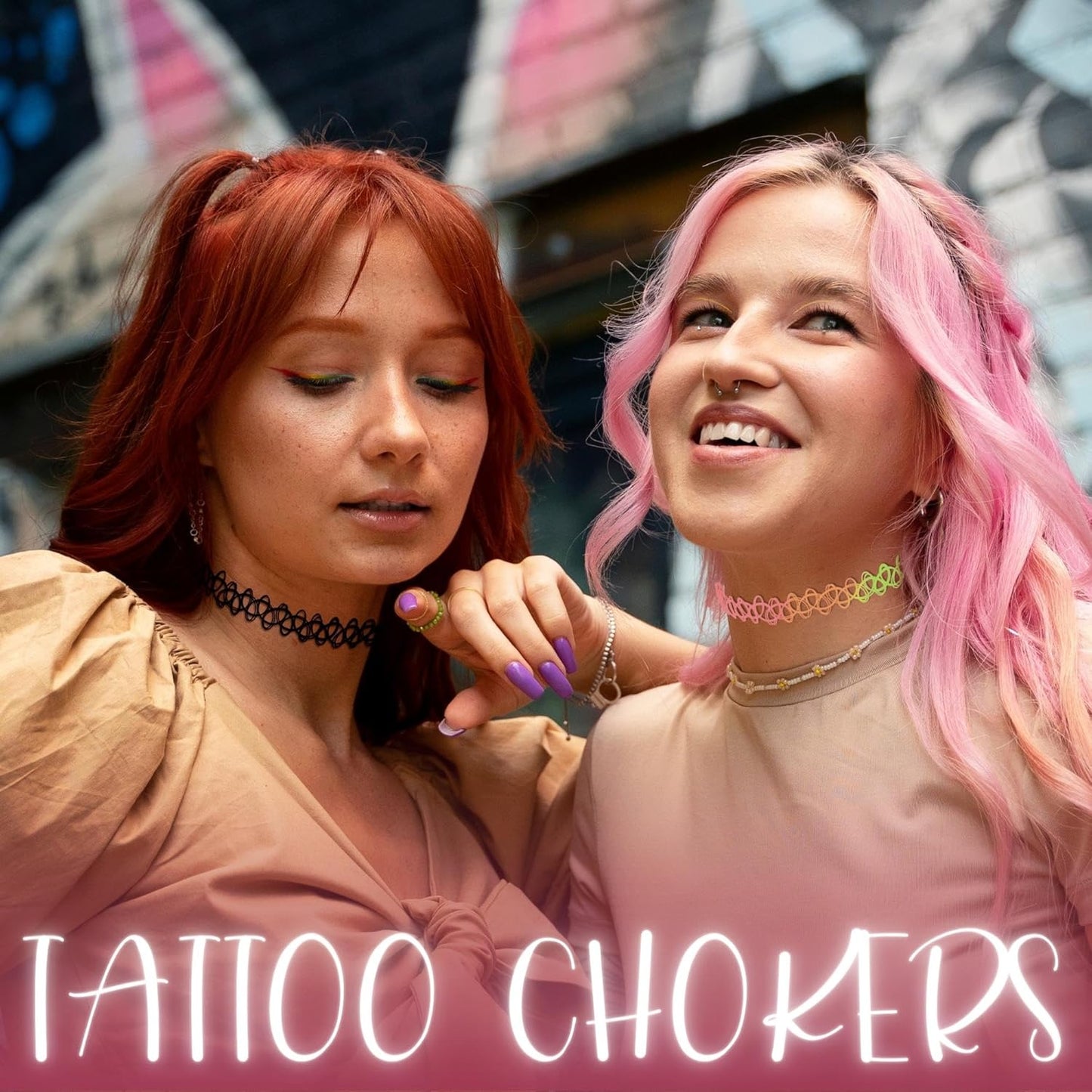 BodyJ4You 12PC Tattoo Choker Necklace - 90s Accessories 2000s Jewelry Y2K Fashion Vintage Trendy - Rainbow Goth Black Pink Green Blue White - Adjustable Stretchy Elastic Necklace Summer Vacation Set