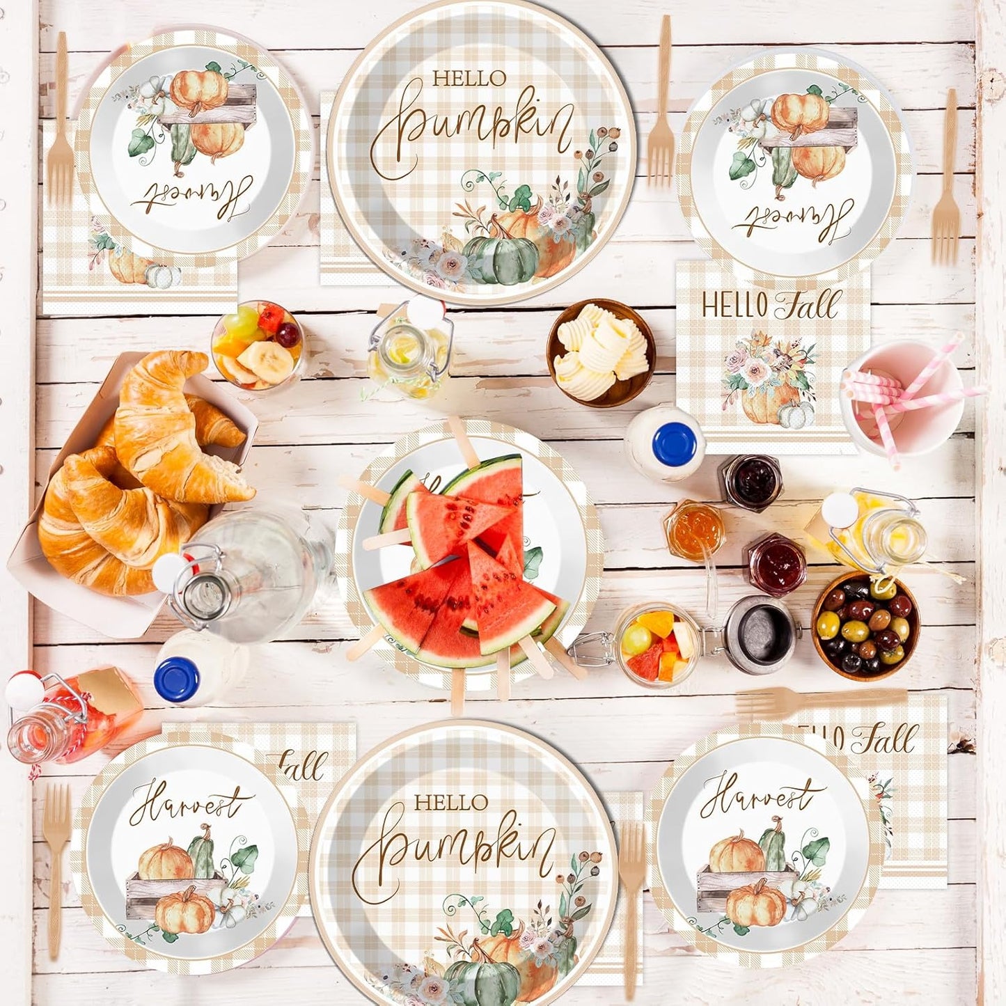 200 PCS Thanksgiving Tableware Disposable Watercolor Fall Pumpkins Party Supplies Buffalo Plaid napkin, Fall Dinnerware Set Happy Autumn Disposable Plates, Thanksgiving Party Decoration Serve 50 guest