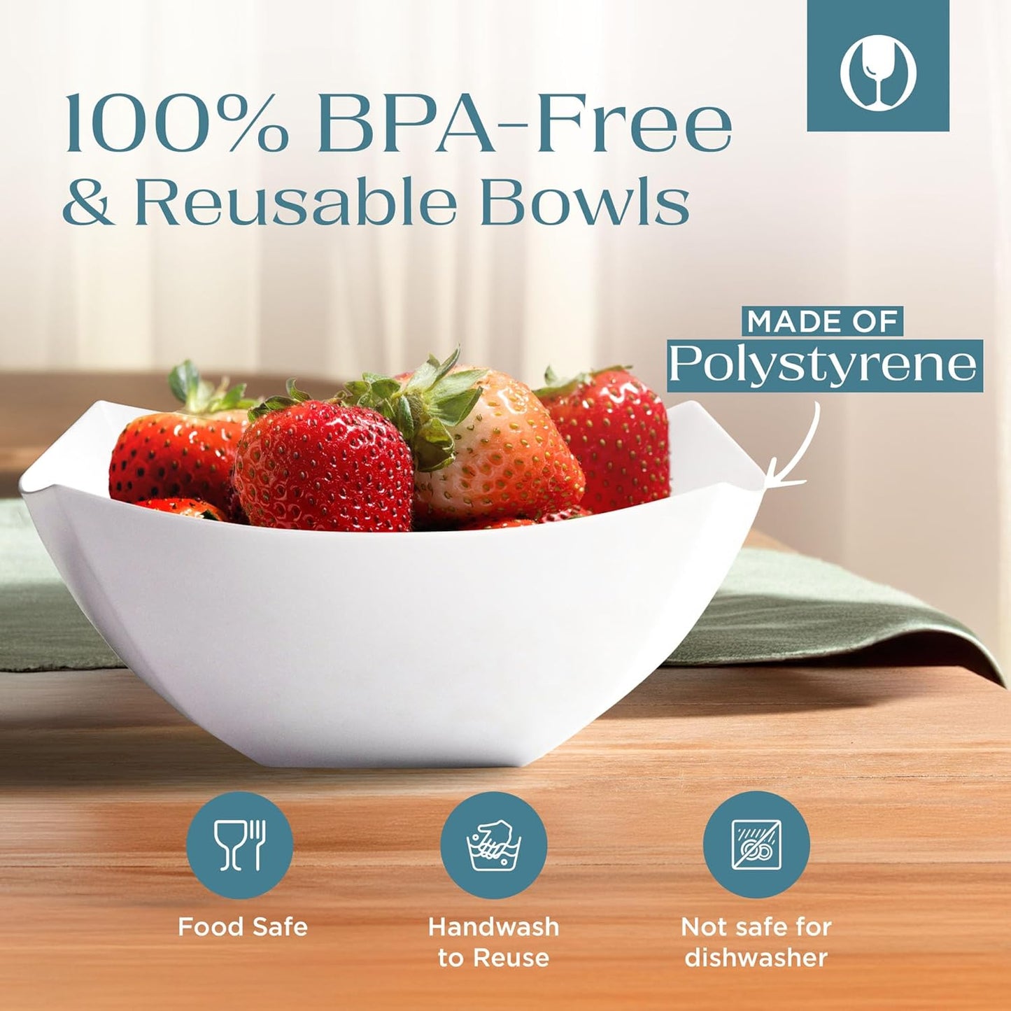 Posh Setting - White Plastic Square Serving Bowls for Party (16oz - 4 Pack), Disposable & Candy Containers for Party Table & Buffet