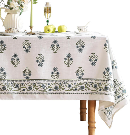 ISAENNE Designer White Linen Extra Long Rectangle Tablecloth,Chinoiserie Floral Elegant Indoor Table Cloth,Fall Stain Proof Decor Tablecloths for Dining Thanksgiving Kitchen,63"*110"-Mosella F