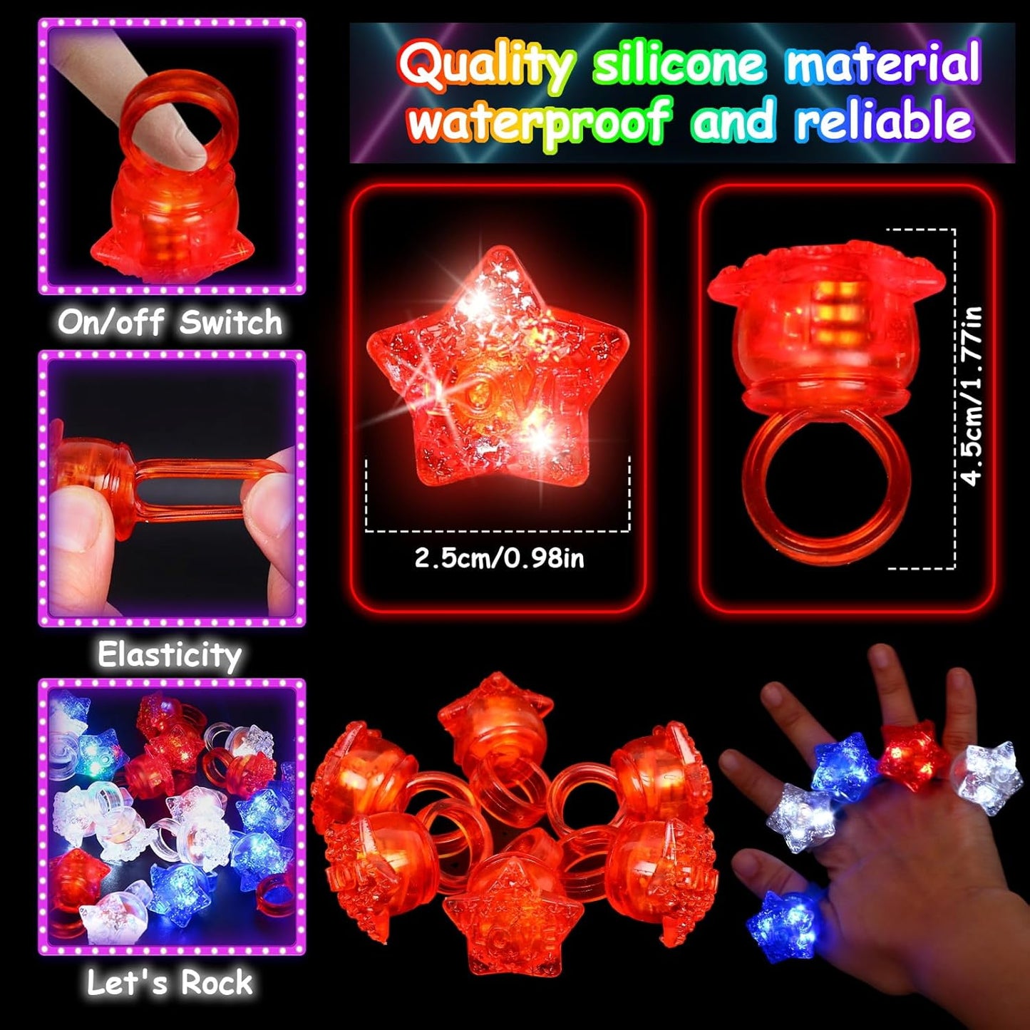 24 Pack Light Up Star Rings Glow in the Dark Party Flashing LED Jelly Finger Rings for July 4th,Halloween,Christmas,Concert,Goodie Bag Fillers,Raves