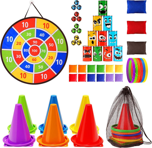 58PCS Carnival Games Combo Set, Dart Board Knock Down Can Bean Bag Toss Game Party Indoor Outdoor Birthday Party Fall Festival Field Day for Kids Adults Yard Plastic Cones Outside Games