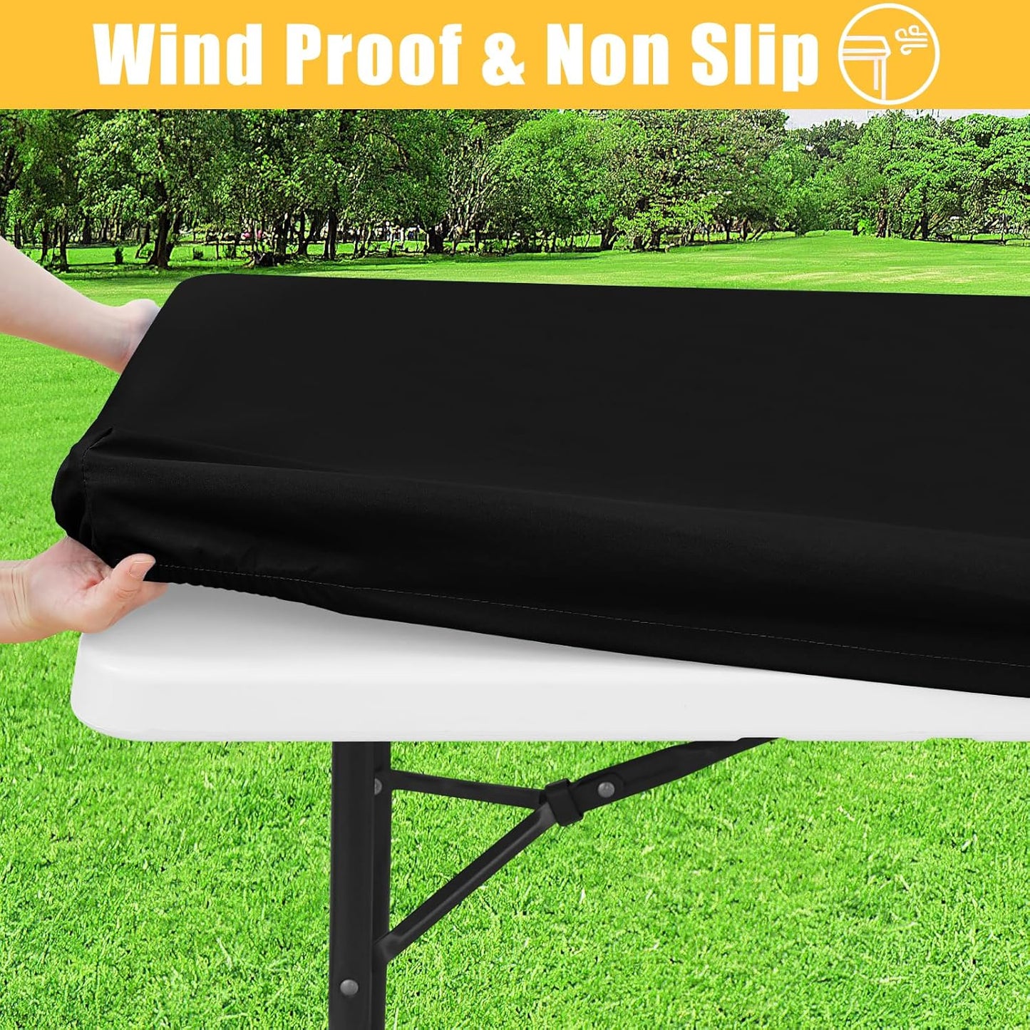 Rectangle Table Cloth, Waterproof Elastic Fitted Tablecloth for 4 Foot Folding Tables, Washable Polyester Tablecloths for Picnic, Camping, Outdoor (Black, 24"x48")