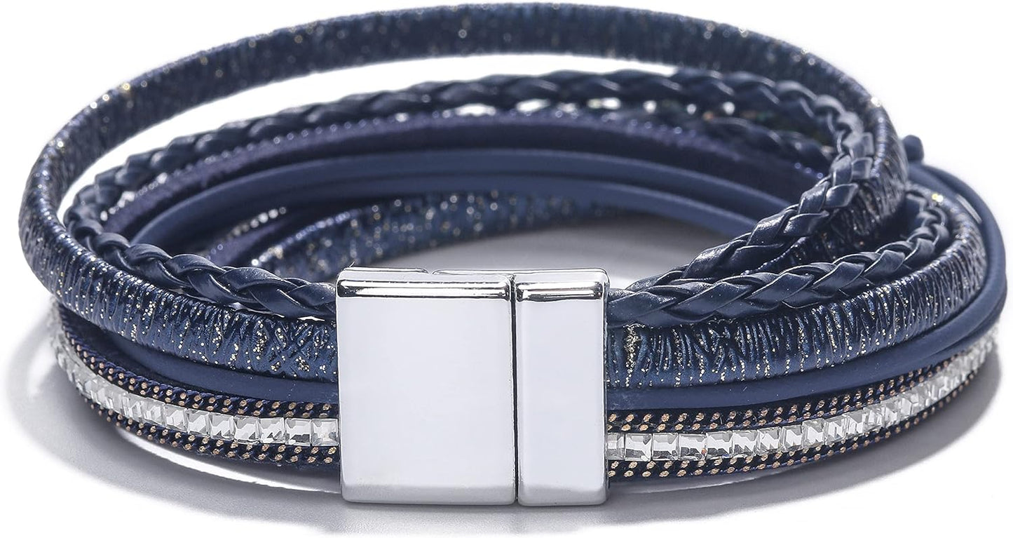 Fesciory Leopard Bracelet for Women, Boho Leather Wrap Multi-Layer Pearl Crystal Bracelet Bangle Jewelry