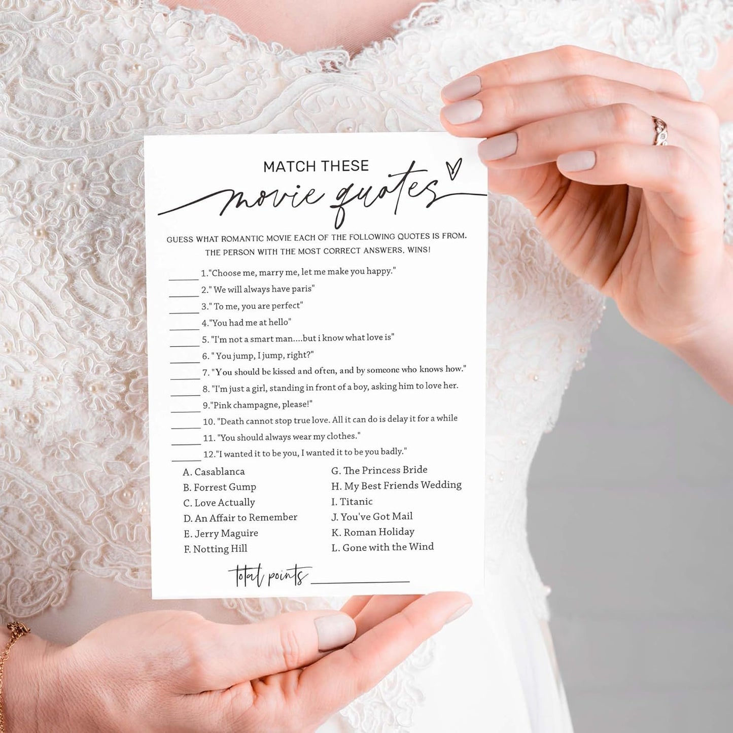 Wedding Shower Games Cards, Match These Movie Quotes, 25 Game Cards with 1 Answer Card, Engagement Party Wedding Games for Guests, Minimalist White Wedding Party Supplies - A09