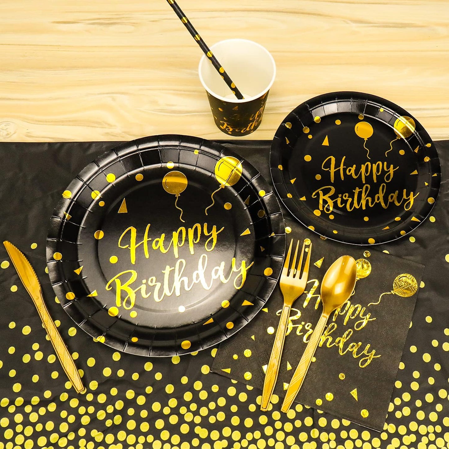 201 Pieces Gold Disposable Party Dinnerware Set &Golden Dot Birthday Black Paper Plates Napkins Cups, Gold Plastic Forks Knives Spoons (25 Guests)