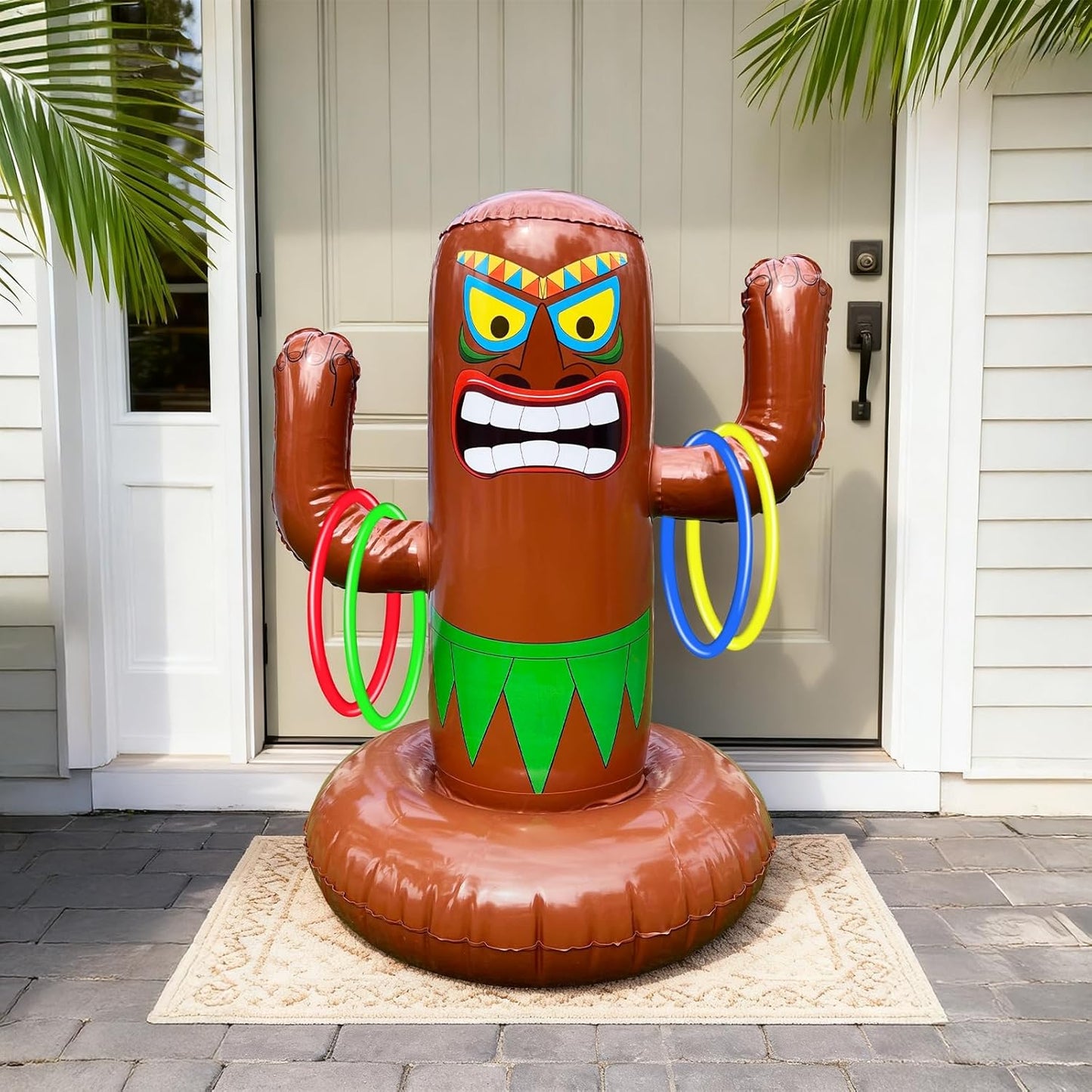 25" Inflatable Luau Tiki Pool Toss Games, Tiki Pool Ring Toss Toys with 4 Rings for Adults Indoor Outdoor Tropical Summer Swimming Inflatable Bean Bags Toss Hawaiian Luau Party Supplies