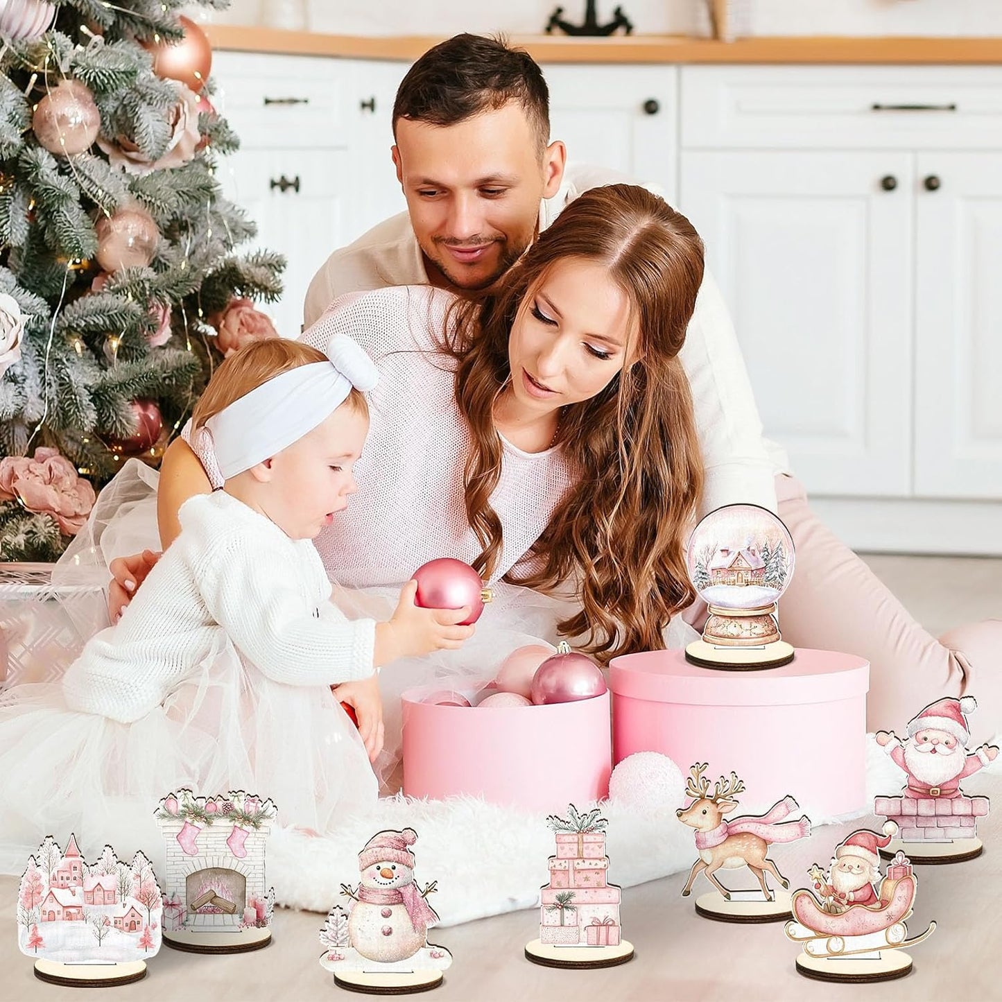 16 Pcs Wooden Pink Christmas Table Centerpiece Cute Watercolor Xmas Tabletop Detachable Sign Farmhouse Snowman Deer Santa Table Toppers Display Decor Birthday Photo Props Party Favor Supplies