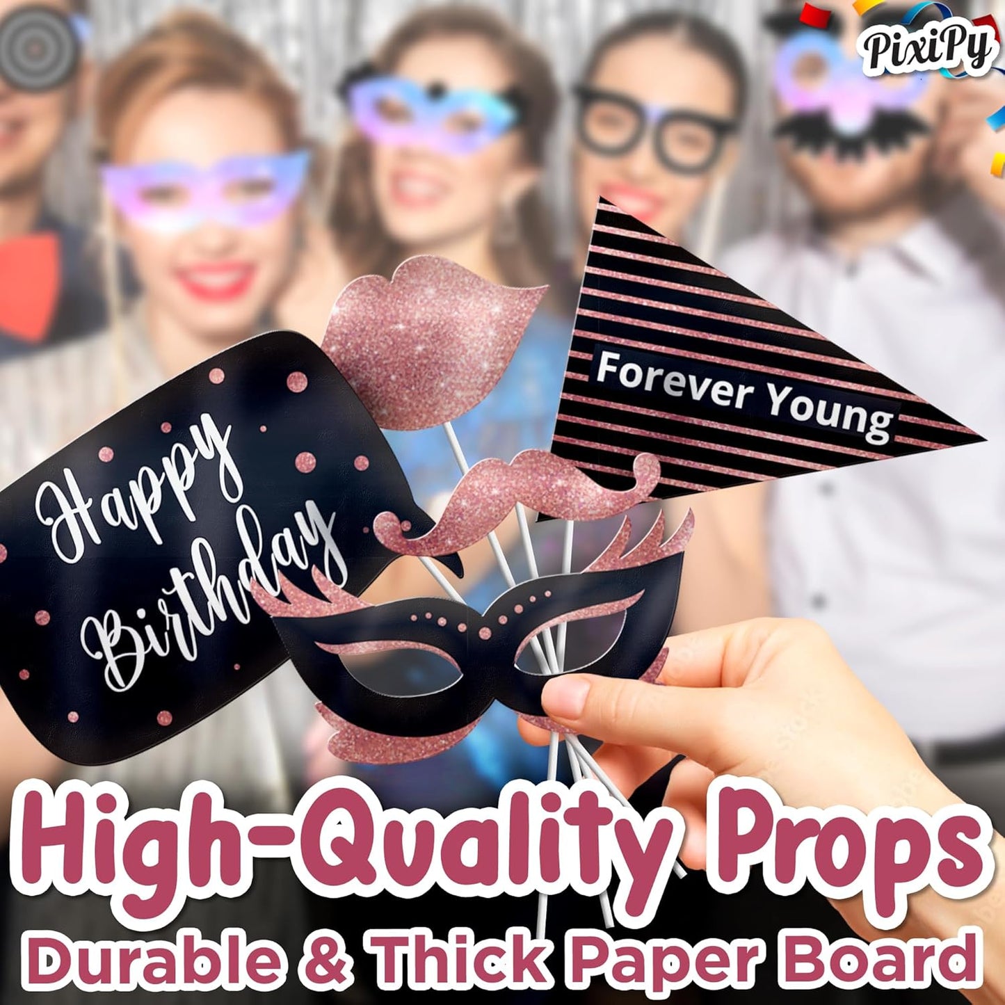 Premium Birthday Photo Booth Props Kit - 30 pc, Pink Glitter - Happy Birthday Party Fun Photobooth Selfie Accessories - for Adults & Kids - Funny Photoshoot w/Friends - by PixiPy
