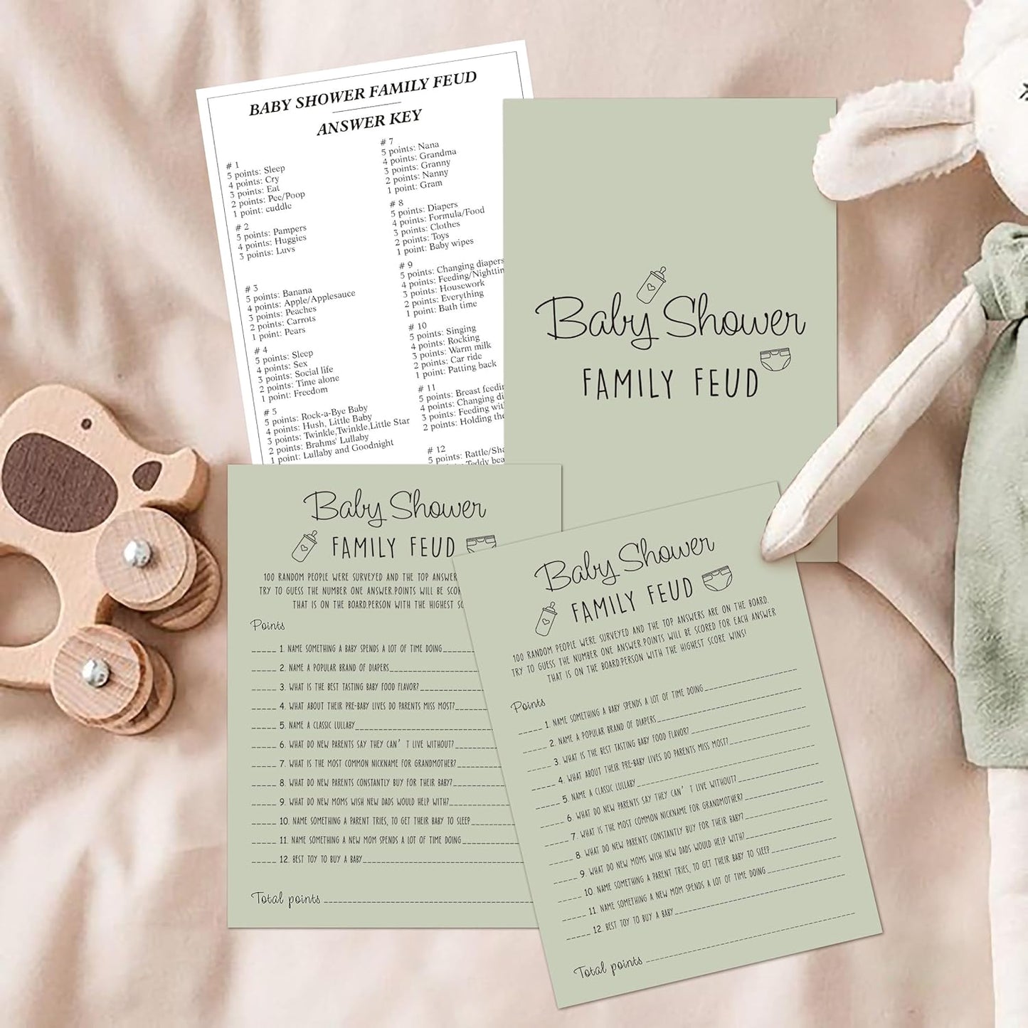 Baby Shower Family Feud Game - Pack of 30 Game Cards 1 Answer Key, Baby Shower Game for Boy & Girl, Gender Neutral Baby Shower Decorations, Baby Feud Game Supplies-01E-Atrovirens