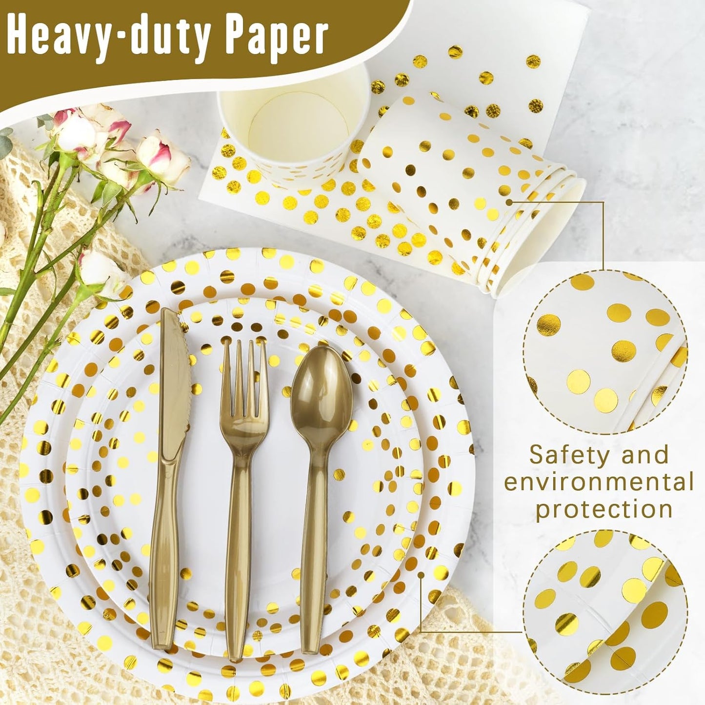 Party Supplies Set - 280 Pieces of White and Gold Dot Paper Plates, Cups, Napkins, and Heavy Duty Silverware for 40 Guests for Birthdays, Graduation, Wedding, Festivals