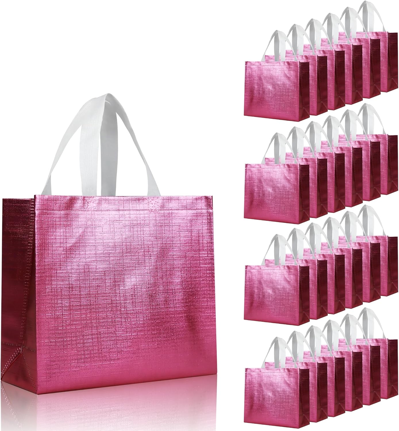 cabzymx Pink Reusable Gift Bags with Metallic Design, 25 Pcs Non-woven Gift Bag Bulk with Handles, Glossy Party Bags for Wrapping Gifts, Birthday, Wedding, Parties, Graduation-12.6x4.7x11 In