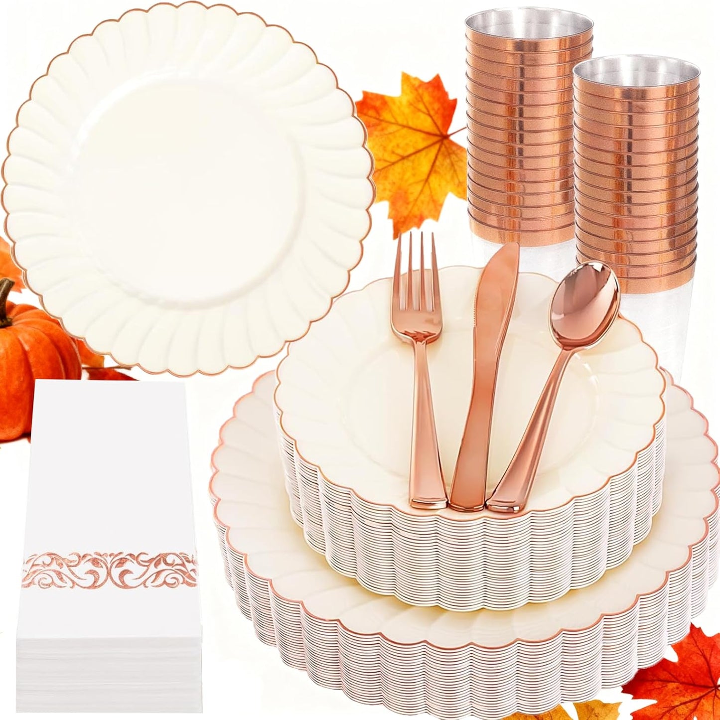 YOUBET 175PCS Ivory Scalloped Plastic Plates - Rose Gold Disposable Dinnerware Set Include 50 Plates, 75 Rose Gold Silverware, 25 Cups, 25 Napkins for Party & Wedding & Baby Shower