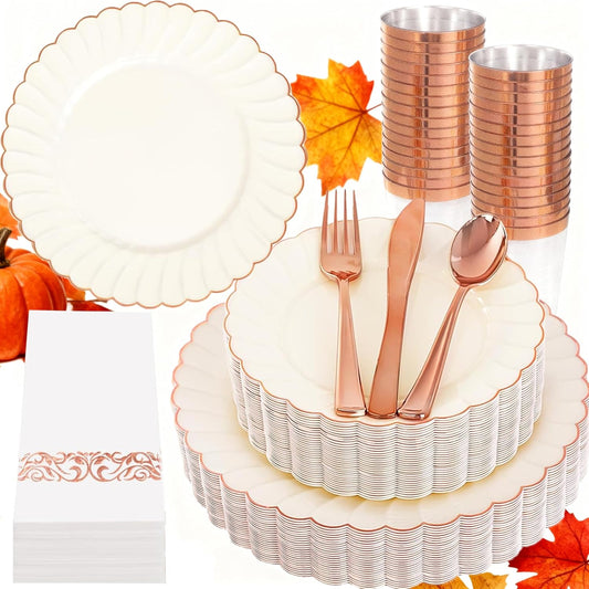 YOUBET 175PCS Ivory Scalloped Plastic Plates - Rose Gold Disposable Dinnerware Set Include 50 Plates, 75 Rose Gold Silverware, 25 Cups, 25 Napkins for Party & Wedding & Baby Shower