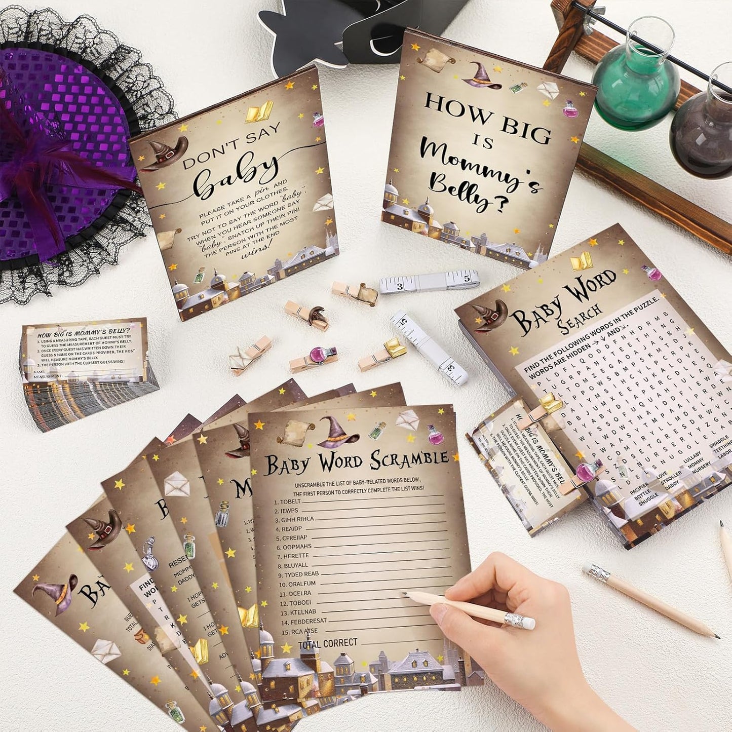 426 Pcs Magical Wizard Baby Shower Games Set-8 Games, Includes Baby Shower Bingo, Price, Guess Who, Word Scramble, Prediction and Advice, How Big is Mommy's Belly, Don't Say The Words
