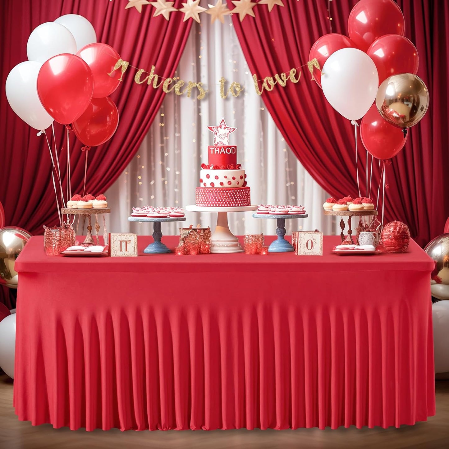 6 Packs Red Table Clothes for 8 Foot Rectangle Tables, One-Piece Wrinkle Resistant Stretch Spandex Table Covers Valentines Table Skirt for Event Banquet Wedding Birthday Party