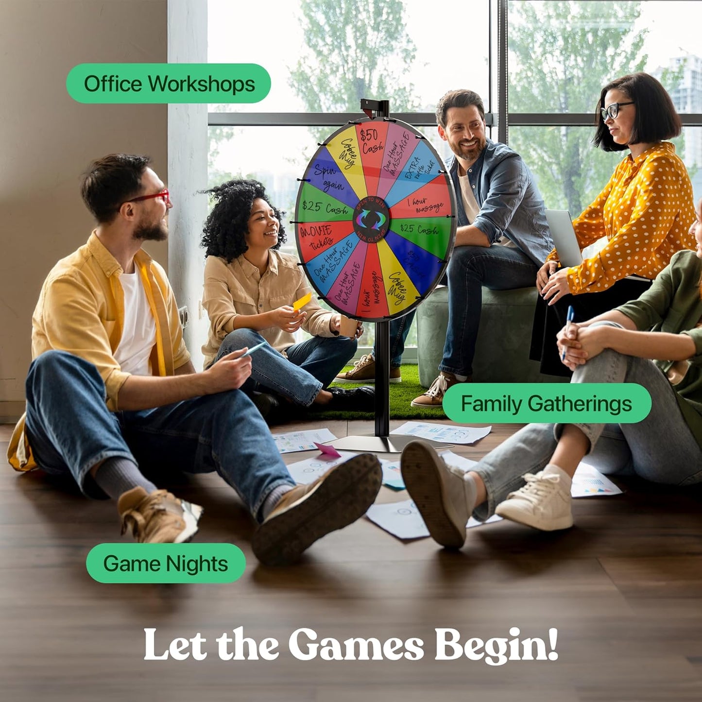 T-SIGN 24 Inch Dual Use Spinning Prize Wheel 14 Slots Color Tabletop and Floor Roulette Wheel of Fortune with Dry Erase Marker and Eraser Win The Fortune Spinner Game for Carnival Trade Show