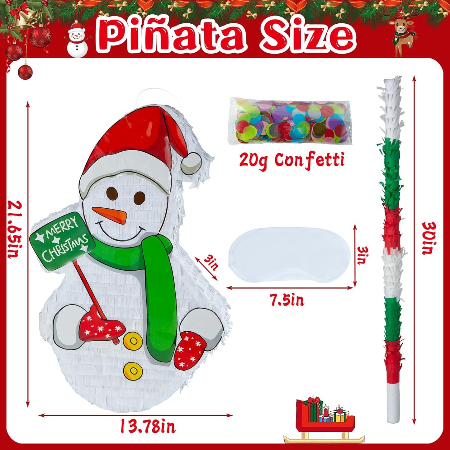 PCFING 21.6 Inch Christmas Snowman Piñata with 30 Inch Piñata Stick Blindfold Confetti for Boy Girl Adults Xmas Party Game Decorations
