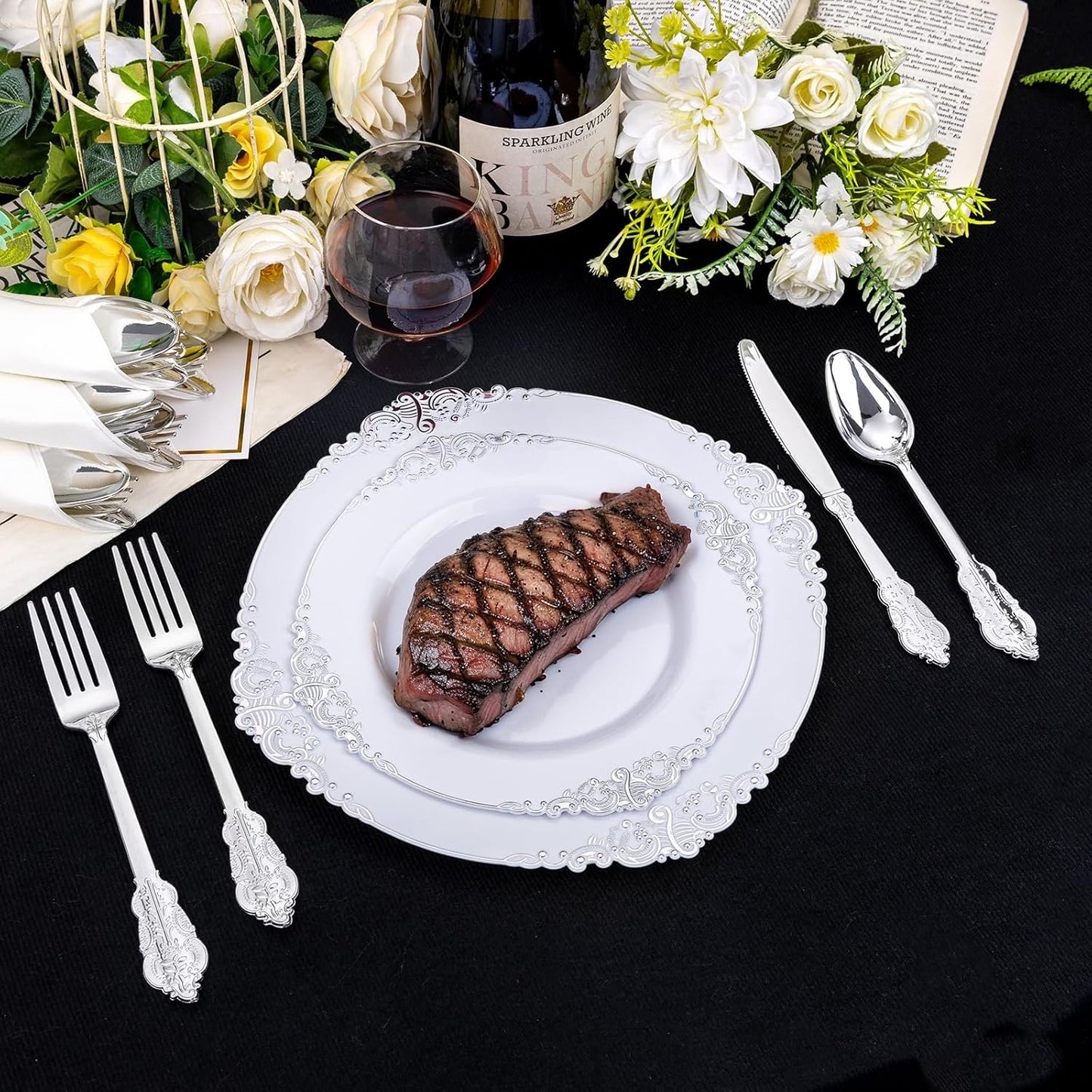 Liacere 400PCS Silver Plastic Silverware - Pre Rolled Napkins Disposable Silver Cutlery-Premium Quality Gold Plastic Utensils - Includes 100Forks,100Knives,100Spoons,100Napkins&Christmas