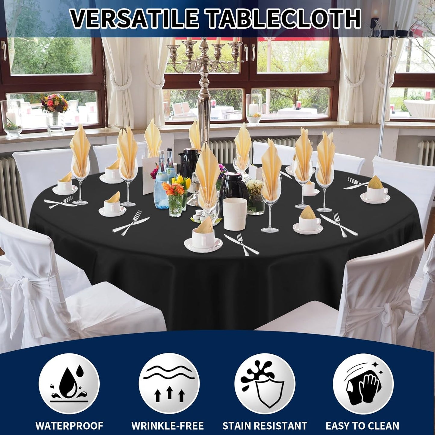 PureFit 8 Pack Round Black Table Cloths 120 Inch for Round Tables, Stain and Wrinkle Resistant Table Linens for Home Use, Wedding, Party, Banquet and Camping