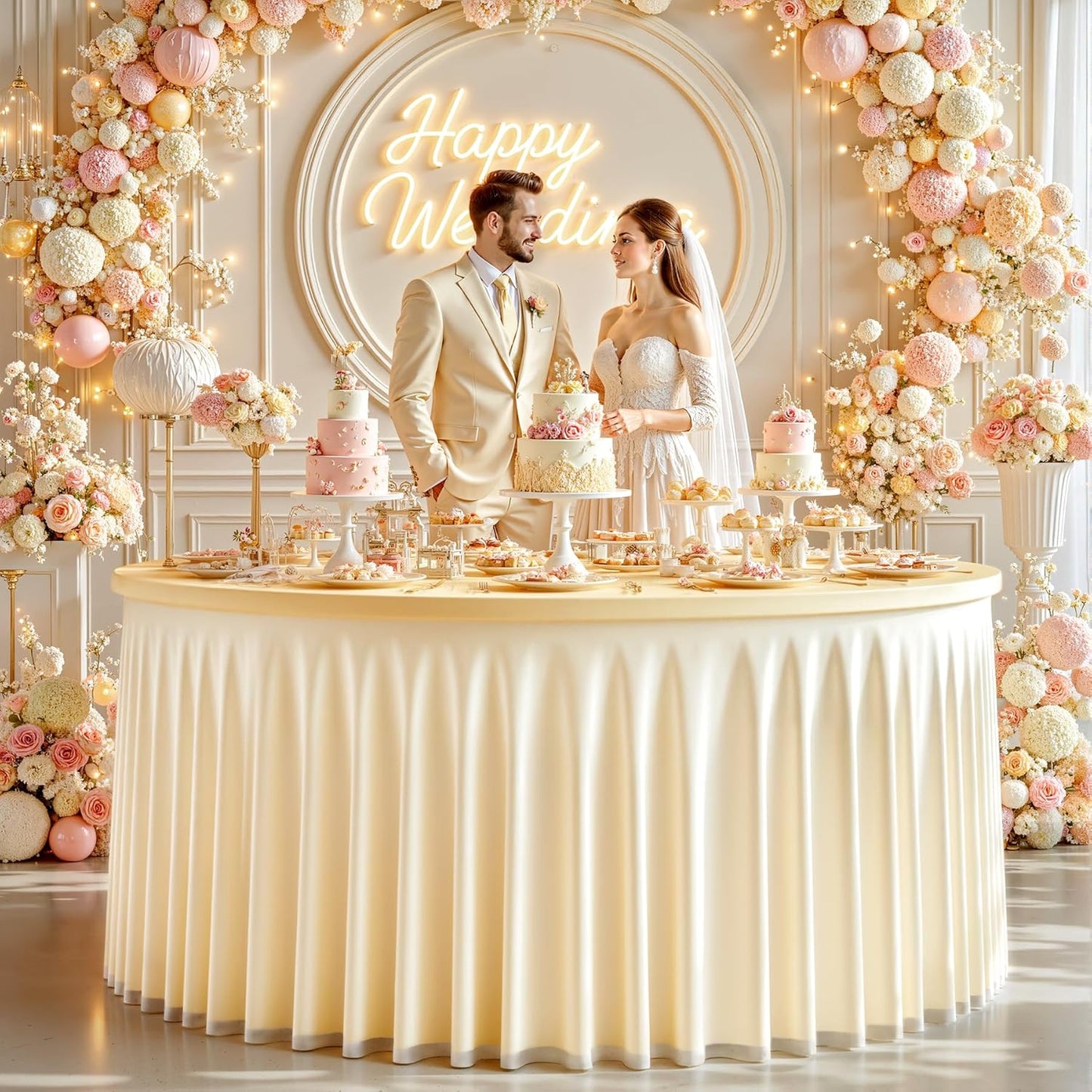 Champagne Tulle Round Tablecloth for 60 inch Tables, Spandex Fitted 5FT Champagne Round Table Covers with Tulle Tutu Skirt for Baby Shower Wedding Birthday Party Cake Banquet Table Decoration