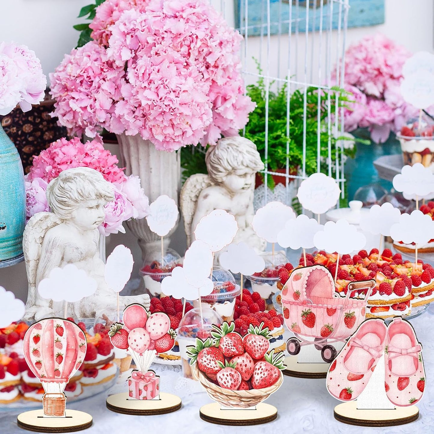 16 Pcs Wooden Strawberry Baby Shower Table Centerpiece A Berry Sweet Baby Is On The Way Tabletop Detachable Sign Boy Girl Gender Reveal Table Topper Display Decoration Birthday Photo Props Party Favor