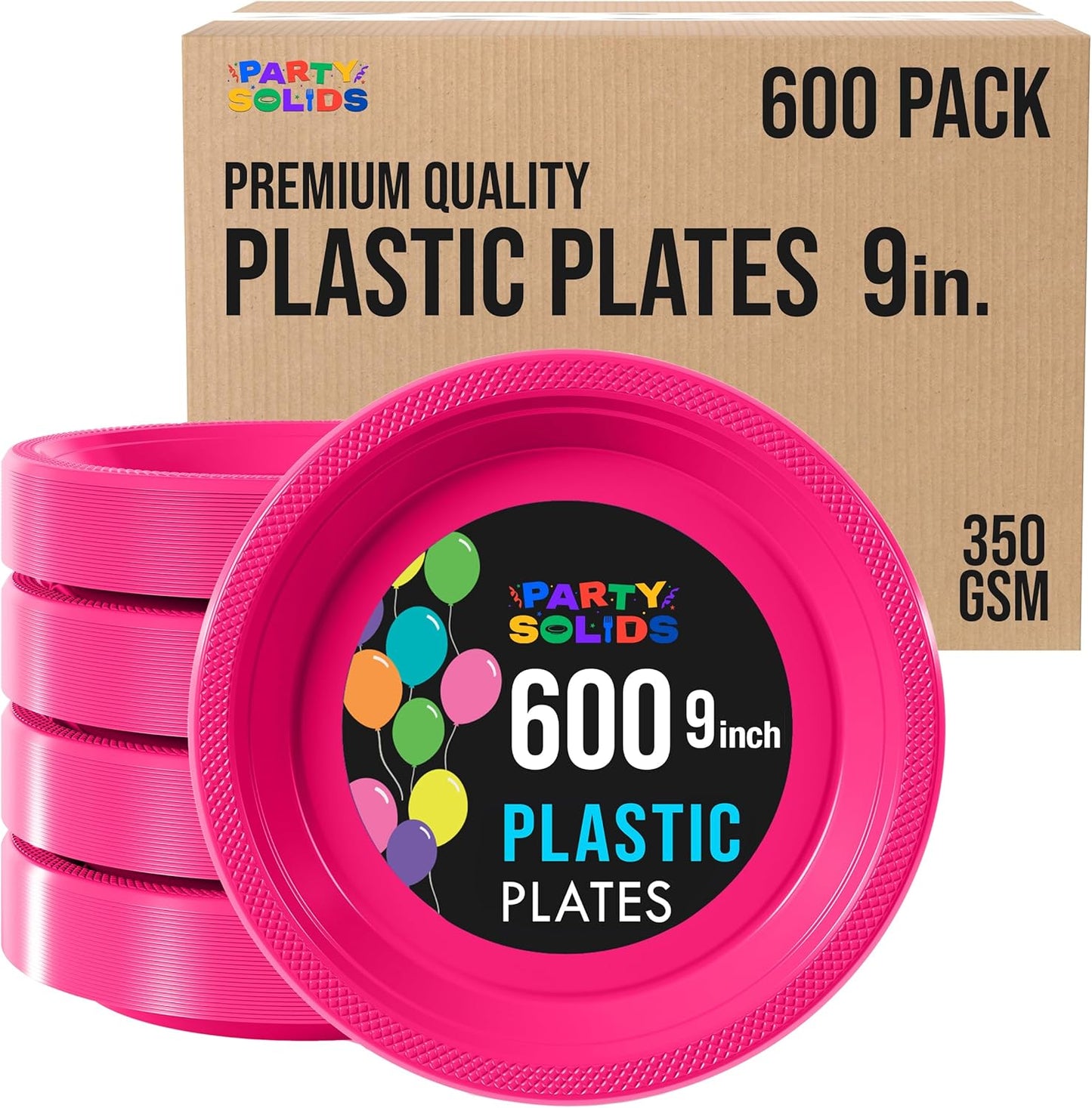 Party Solids Hot Pink Plastic Plates Bulk 9" Hot Pink Disposable Plates For Party Supplies 600 Pieces Disposable Dinner Plate Heavy Duty 350 GSM Plate Sets, Plastic Dinnerware Sets