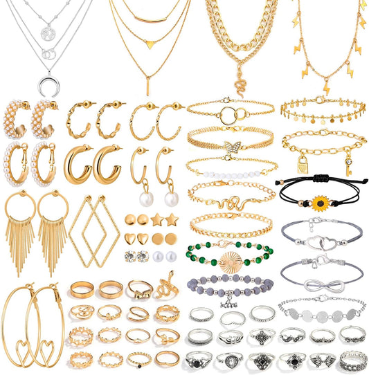 Thrilez 63 Pack of Jewelry Set for Women, Including 15 Pairs Fashion Earrings, 4 Pack Cute Necklaces, 13pc Aesthetic Bracelets/Anklets and 31pc Dainty Rings, Trending Gift for Ladies