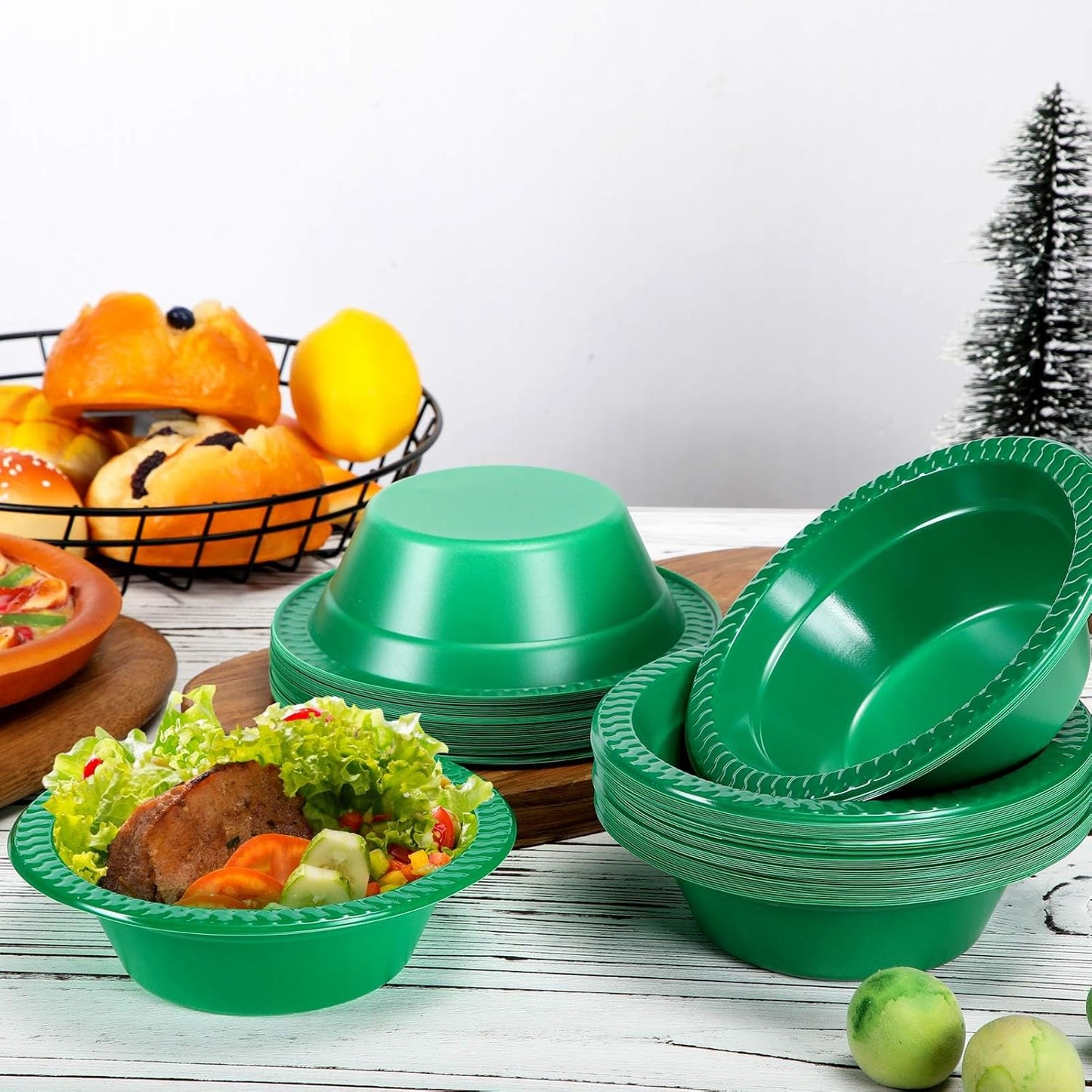 Lallisa 100 Pcs 12oz Dark Green Disposable Plastic Bowls Dessert Cups Ice Cream Snack Salad Soup Food Serving Bowls for Party Favor Picnic