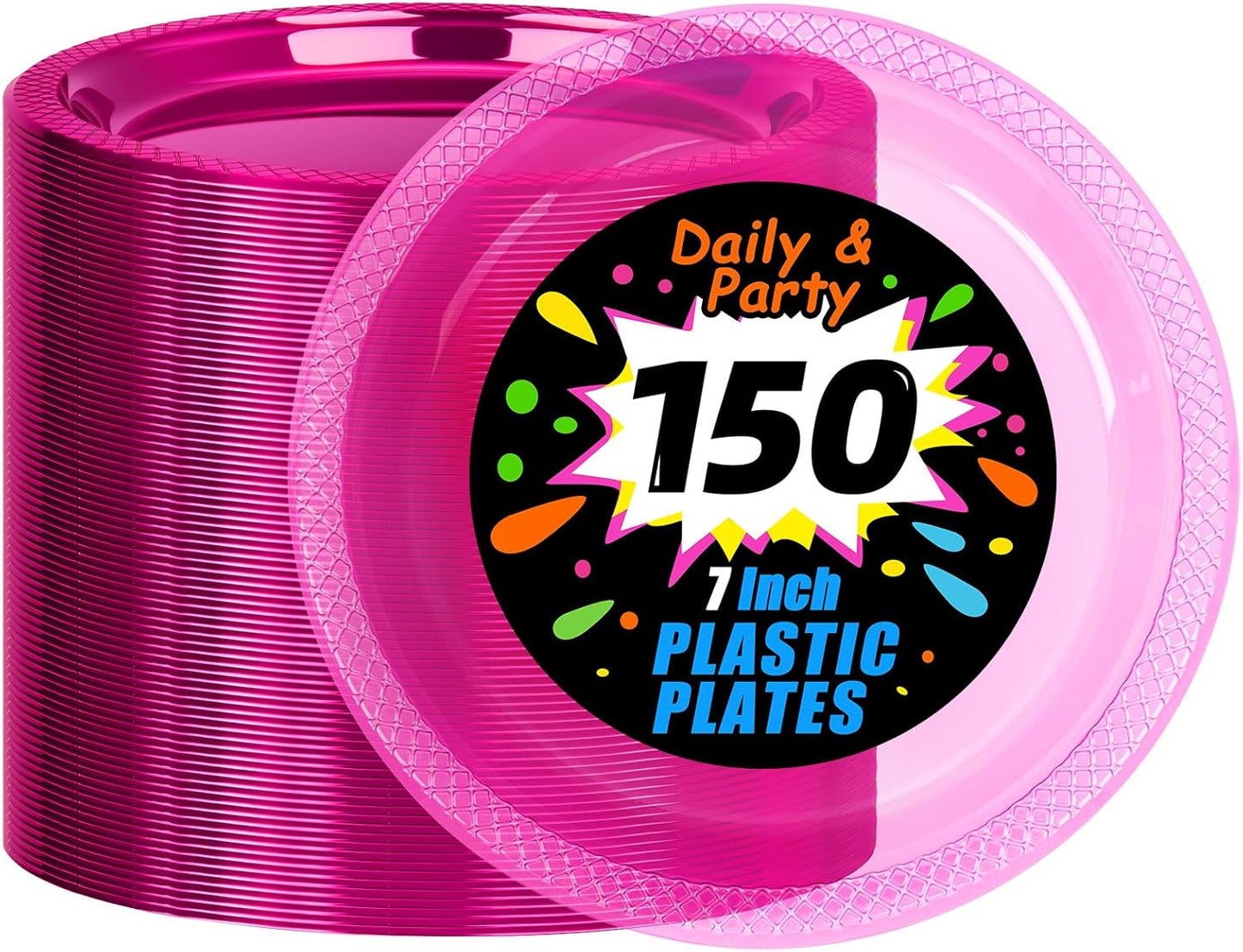 WELLIFE Neon Pink Party Plates 7 Inch -150 Count, Translucent Pink Plastic Disposable Dessert Neon Plates for Fluorescent Neon Theme Party Cake Salad Appetizers Easter Baby Shower Mother's Day