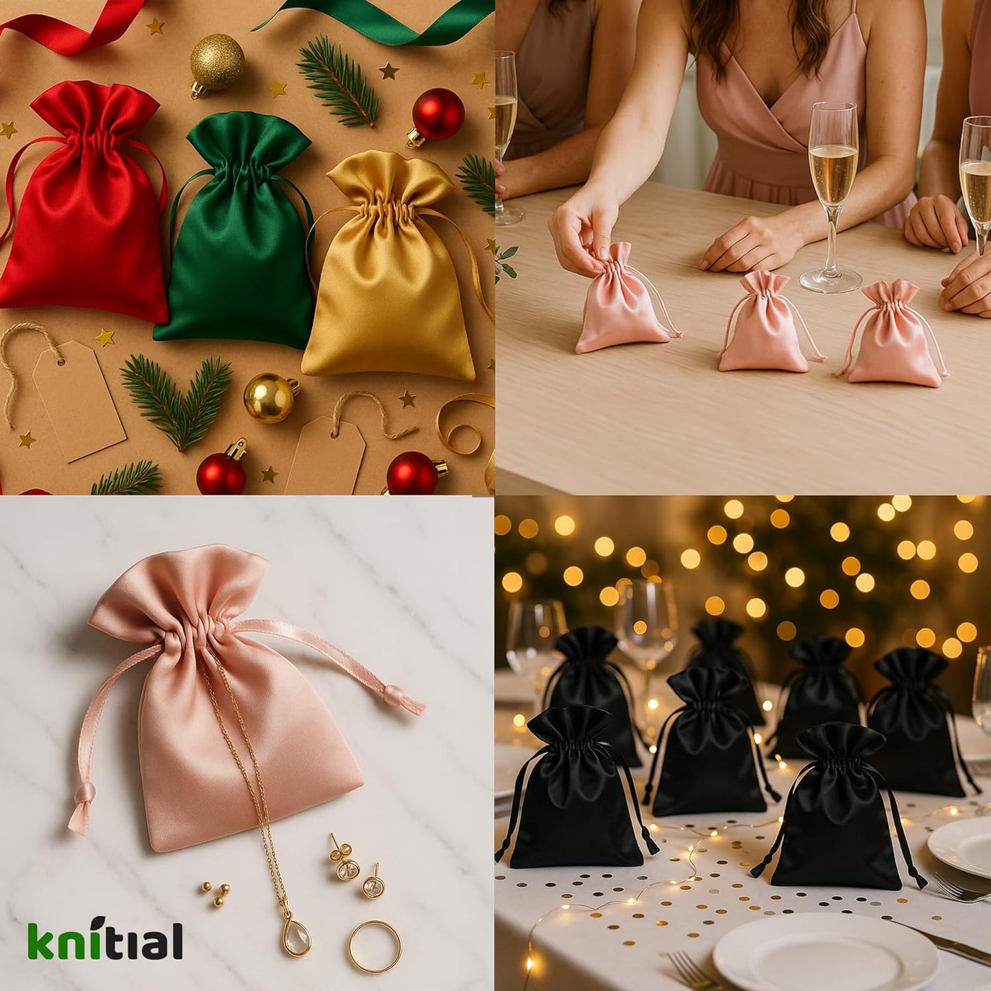 Knitial 4" x 6" Ruby Red Satin Gift Bags, Jewelry, Wedding Favor Drawstring Bags Baby Shower Christmas 50 Count