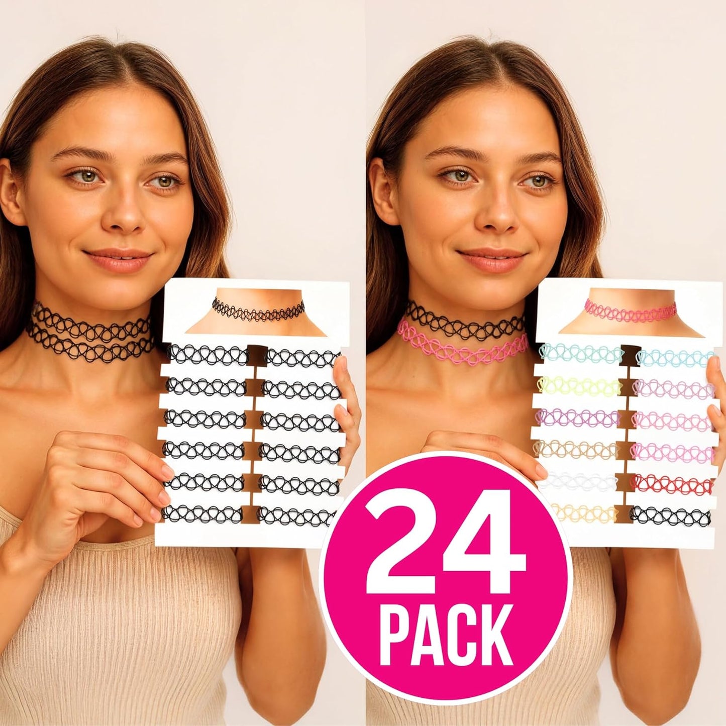 BodyJ4You 24PC Tattoo Choker Necklace - 90s Choker Necklaces Y2K Fashion Trendy Vintage - Daisy Flower Charm Colorful Rainbow Black Goth Pendant - Stretchy Elastic Necklace Summer Gift Set