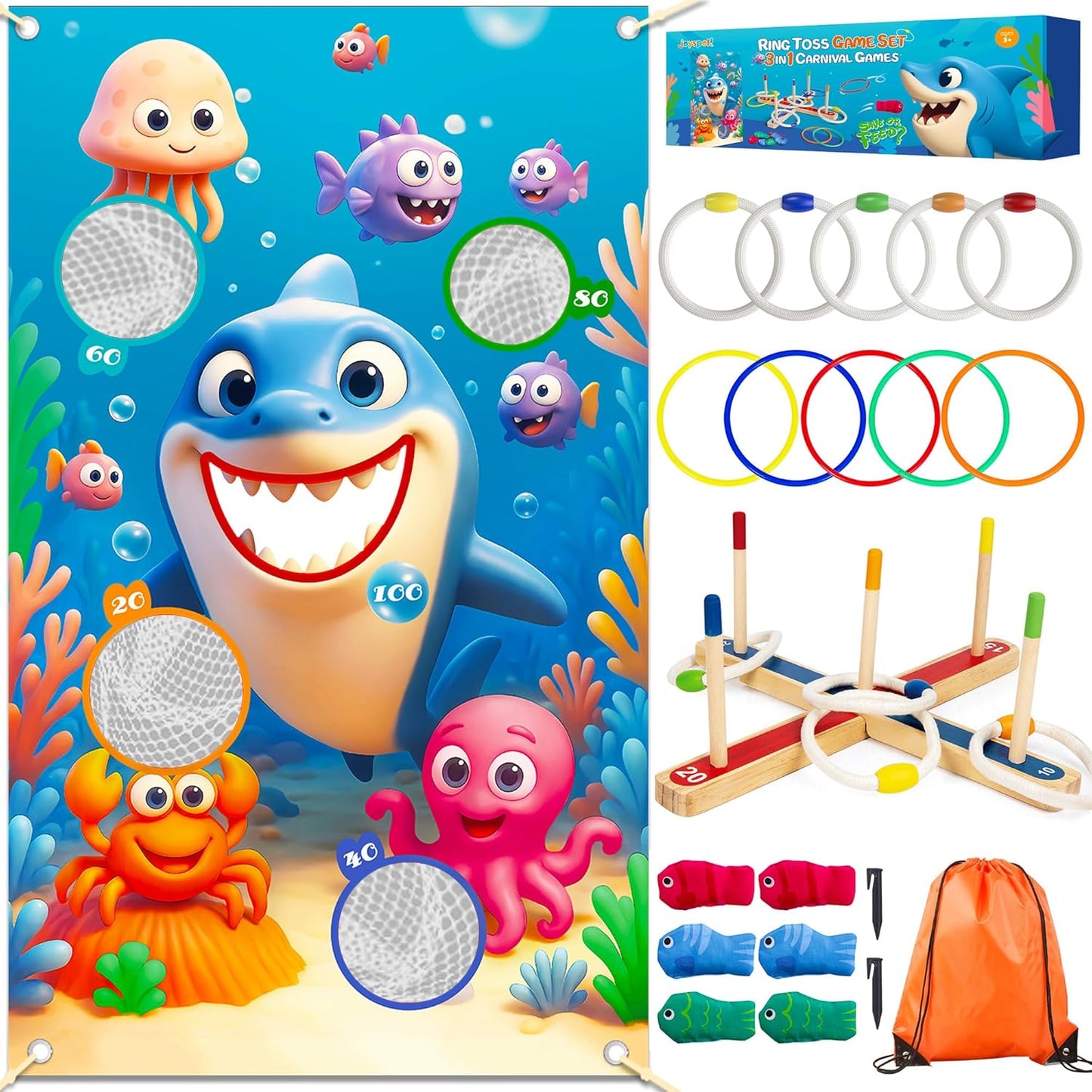 3-in-1 Carnival Games Set with Wooden Ring Toss, Bean Bags & Rope Rings | Outdoor & Indoor Toys for Kids, Adults, Family | Lawn Games for Garden, Birthday Party, Backyard Fun