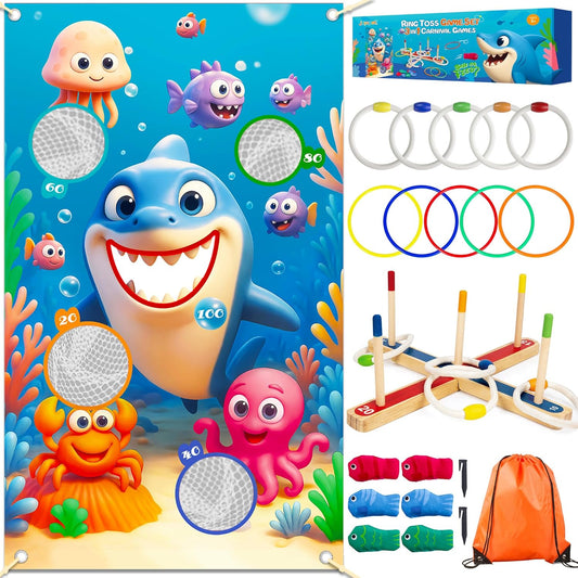 3-in-1 Carnival Games Set with Wooden Ring Toss, Bean Bags & Rope Rings | Outdoor & Indoor Toys for Kids, Adults, Family | Lawn Games for Garden, Birthday Party, Backyard Fun