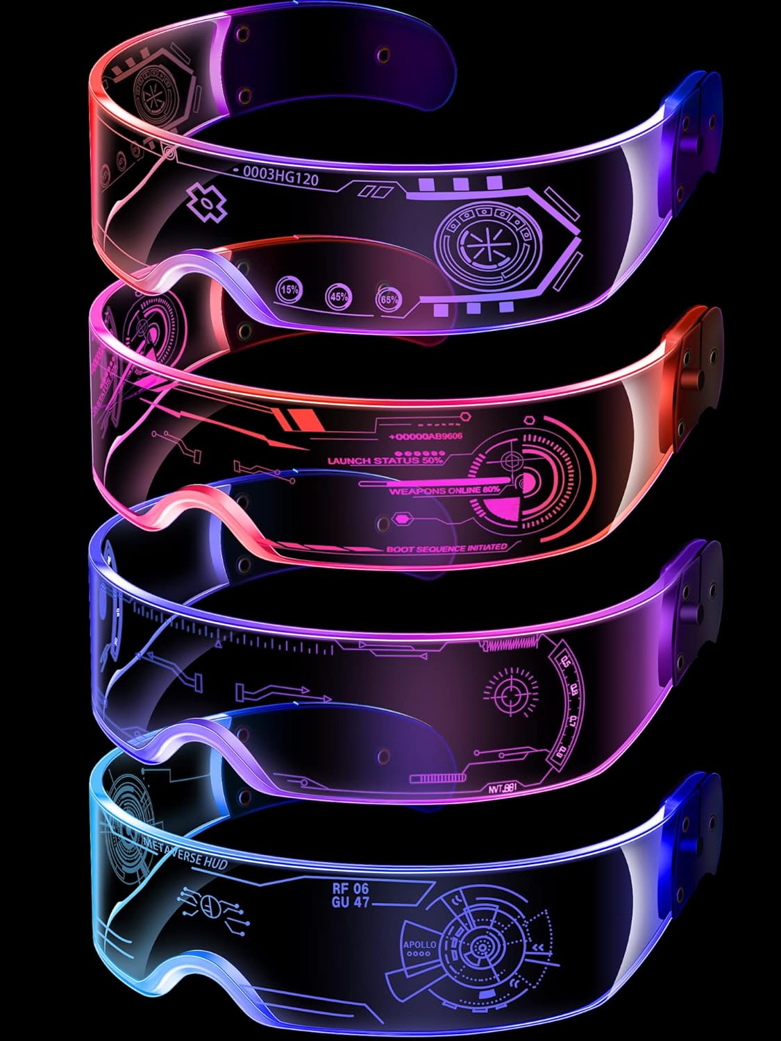 TOODOO 4 Pairs LED Visor Glasses Light up Glasses Futuristic Luminous Rave Glasses 7 Colors 4 Modes for Club Christmas Party