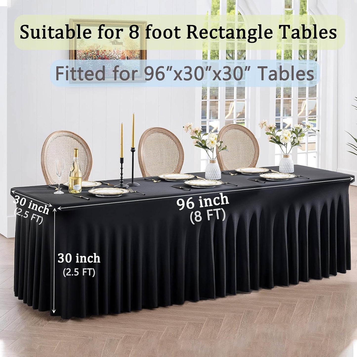 2 Pack Black Spandex Tablecloth for 8 Foot Rectangle Tables, Wrinkle Free Fitted Table Cloths 8ft Stretchy Table Clothes Cover Desk Skirt for Parties Weddings Birthday Banquet Baby Shower