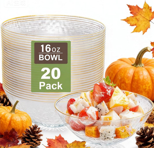 I00000 20 Pack 12 Ounce Clear Plastic Bowls Hammered Gold Rimmed Crystal Like, Heavy duty Disposable Bowl Set,Elegant Soup/Salad/Dessert/Ice Cream Bowls For Thanksgiving Party, Weddings, Catering