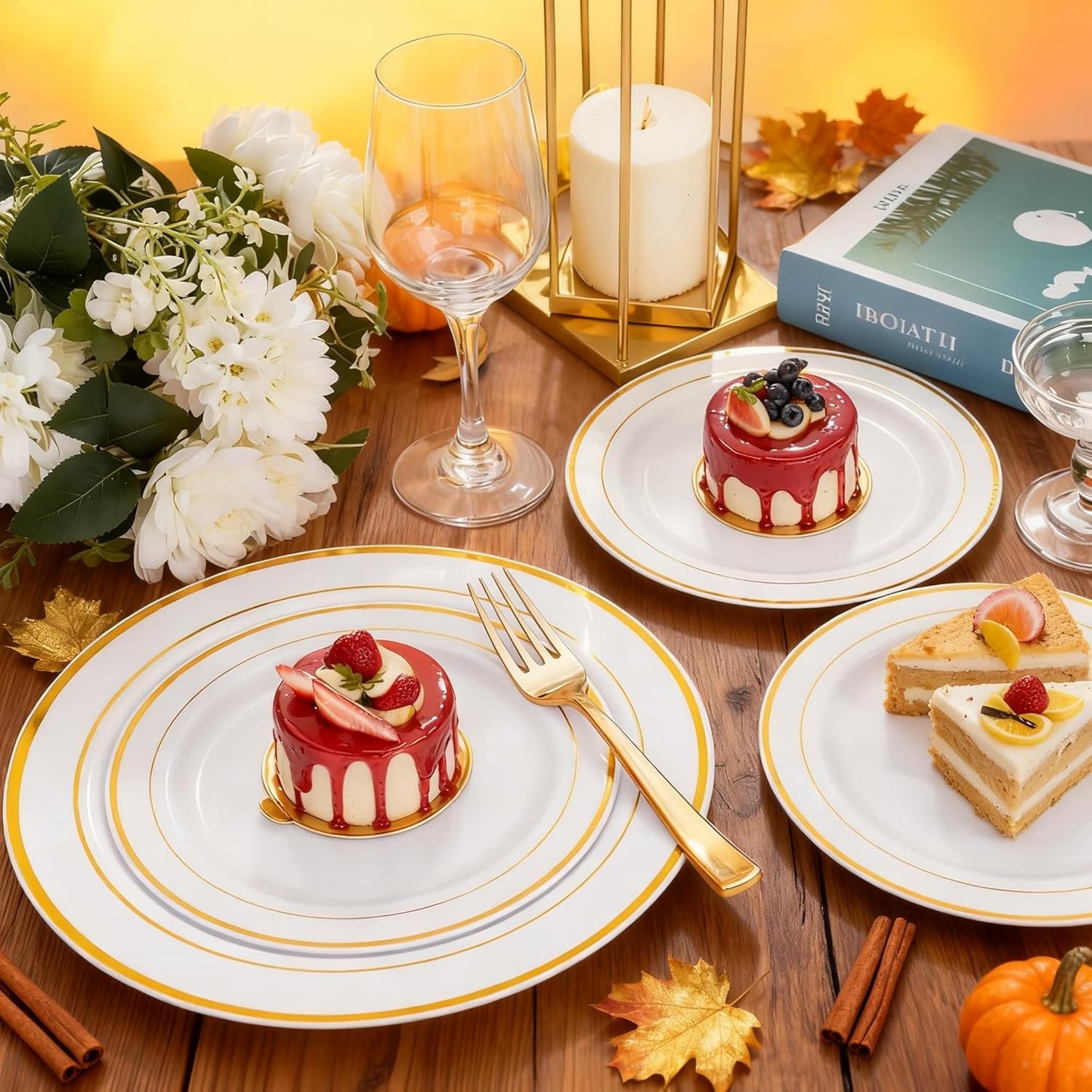 WDF 60PCS White Gold Plates Disposable - Gold Plastic Plates, Including 30-10.25inch Gold Dinner and 30-7.5inch Salad/Dessert for Thanksgiving